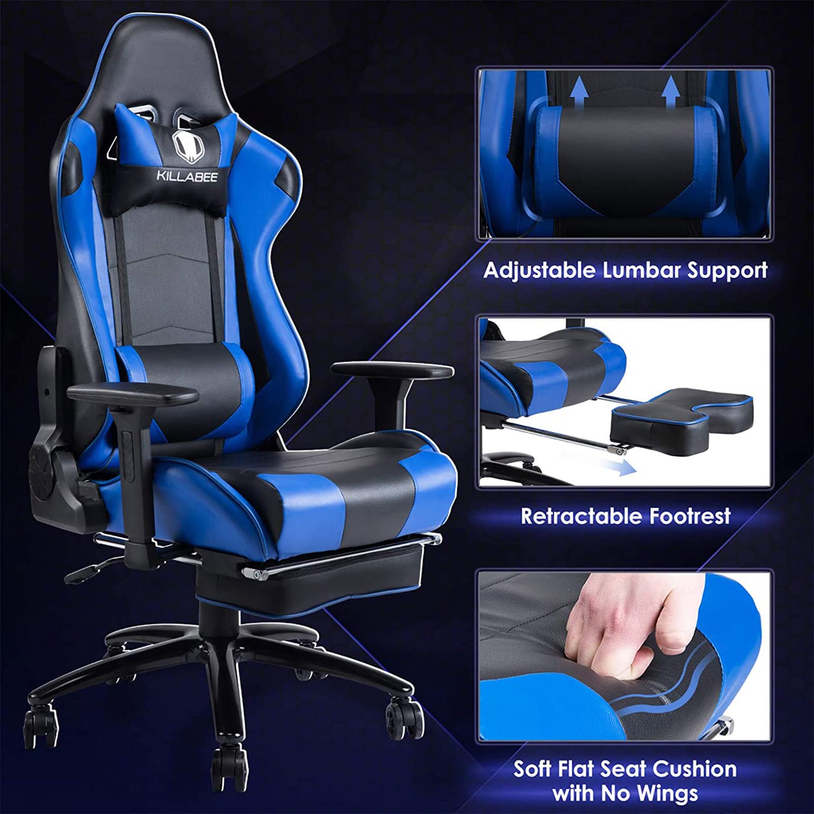 Masaż Fotel gamingowy Ciężka metalowa podstawa z wysuwanym podnóżkiem Wysokie oparcie Ergonomiczne krzesło komputerowe z regulowanym podłokietnikiem PU Skórzane biurko PC Krzesło,Black