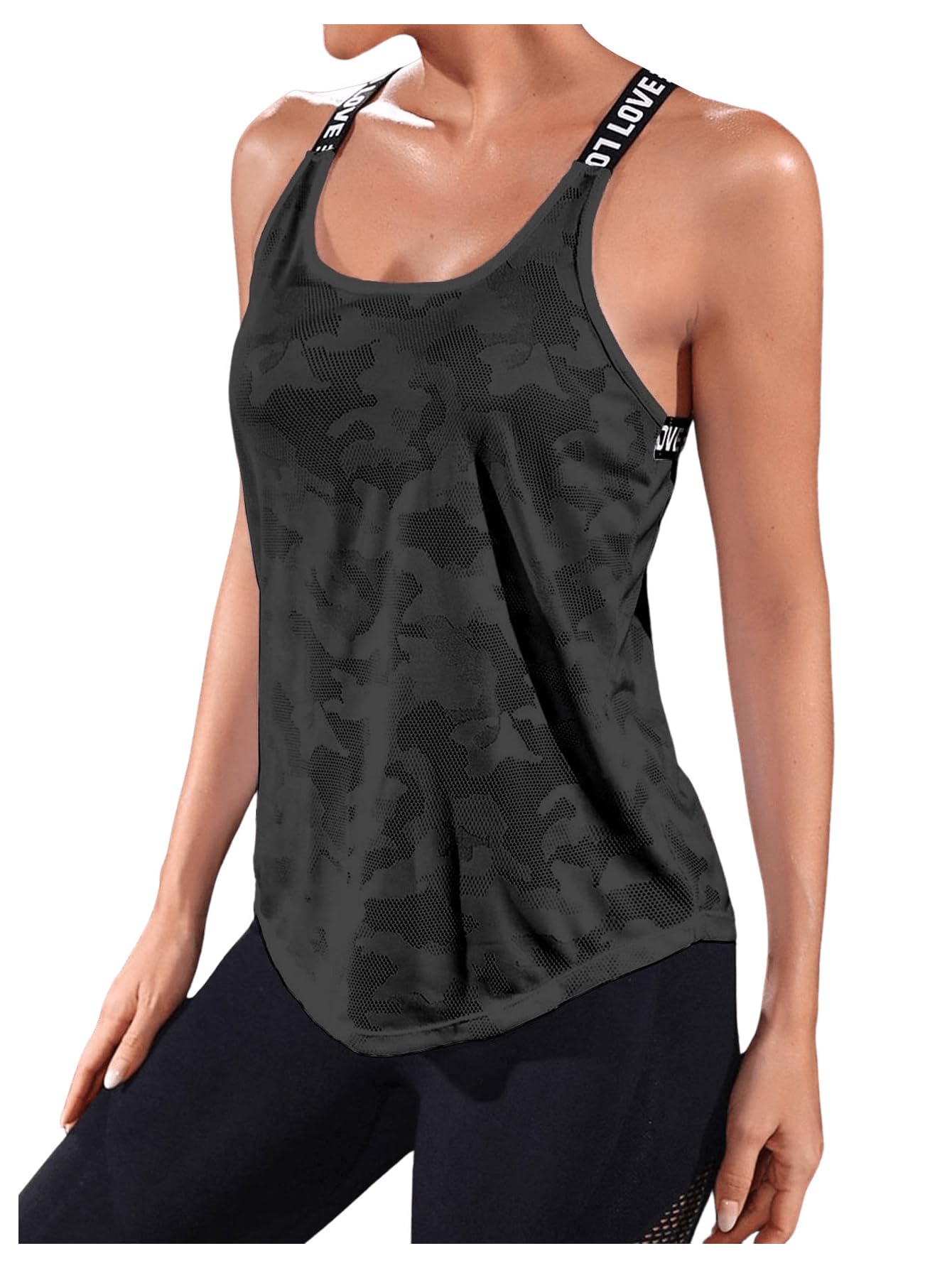 OYOANGLE Women's Camo Print Criss Cross Backless Sports Tank Tops Scoop Neck Workout Sleeveless Athletic Shirts