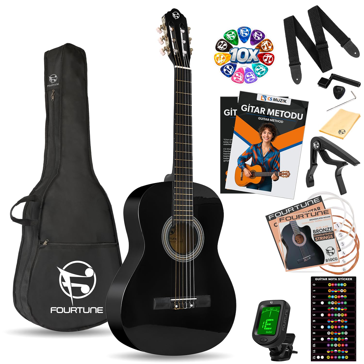 Fourtune Luca C-180BK Siyah Klasik Gitar Seti 4/4 Sap Ayarlı