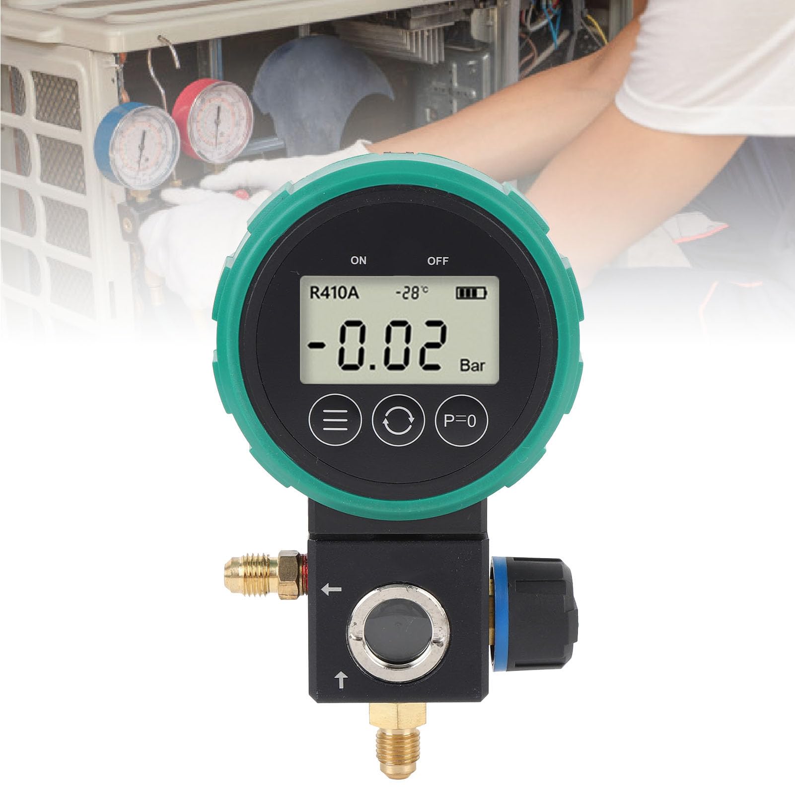 Digitales Manometer für HVAC Klimaanlagen, Hochpräzises Druckmessgerät mit Kugelventil, Unterstützt 9 Kältemittel R32 R410A R134a, LCD-Display mit Hintergrundbeleuchtung für
