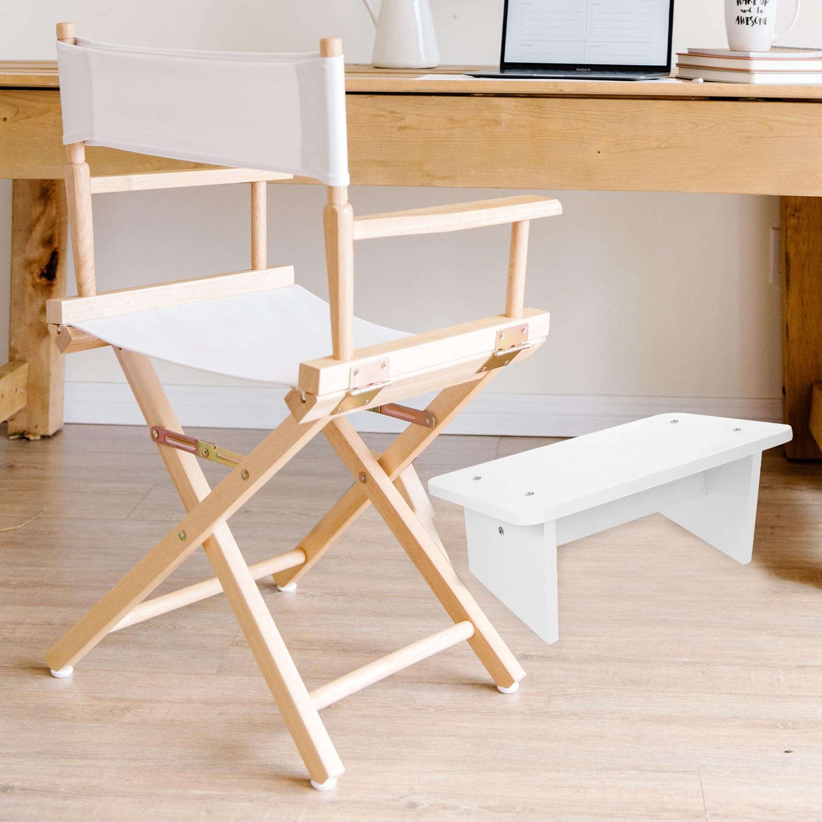 FRCOLOR Poggiapiedi Ergonomico per Seduta Comoda e Postura Eretta in Legno Naturale Bianco Supporto Antiscivolo per Casa e Ufficio Sotto Tavolo