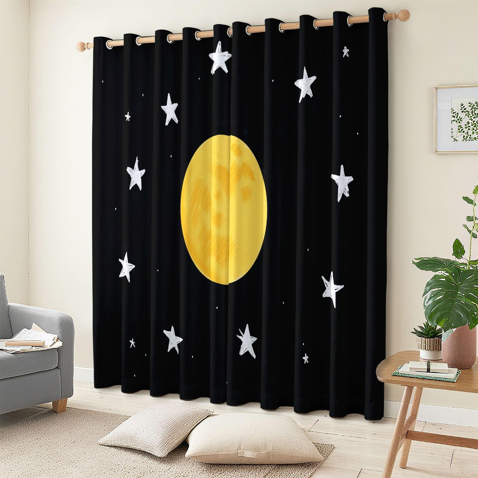 Cortinas Opacas Termicas Aislantes Frio y Calor de Casa Cortina 100% Blackout Libro Ilustrado Infantil Estrellas Y Luna, Acustica con Ojales para Salon Dormitorio 2 Piezas, Negro, 91.5 x 214 cm