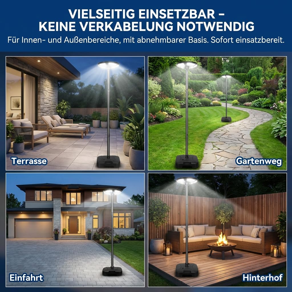 Solar Straßenlaterne Außen Stehend, Solarlampe für Garten mit Fuß und Lichtmast, 750 LED Solarstraßenleuchte Bewegungsmelder Lichtsensor, 6500K für Garten, Hof, Weg, Terrasse - H200cm