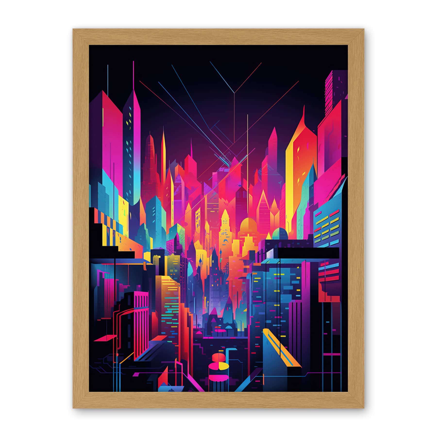 Artery8 Neon Light Colour Abstract Metropolis Cityscape at Night Modern Artwork Artwork Framed Wall Art Print 18X24 Inch