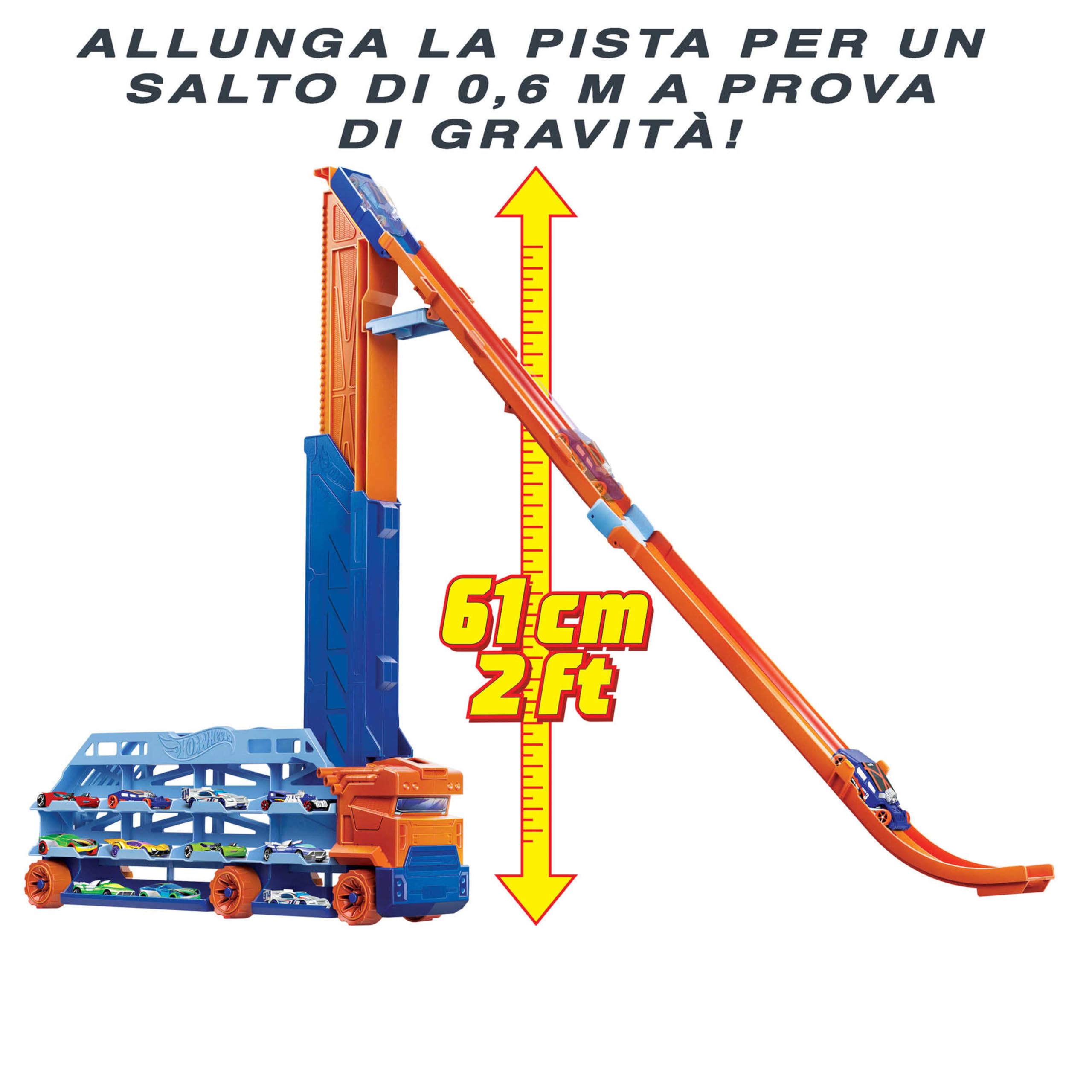 Hot Wheels - Autotrasportatore a Caduta Libera, con 1 macchinina, contiene più di 20 veicoli in scala 1:64, si trasforma in una pista con discesa da 60 cm, Giocattolo per Bambini 4+ Anni, HDY92