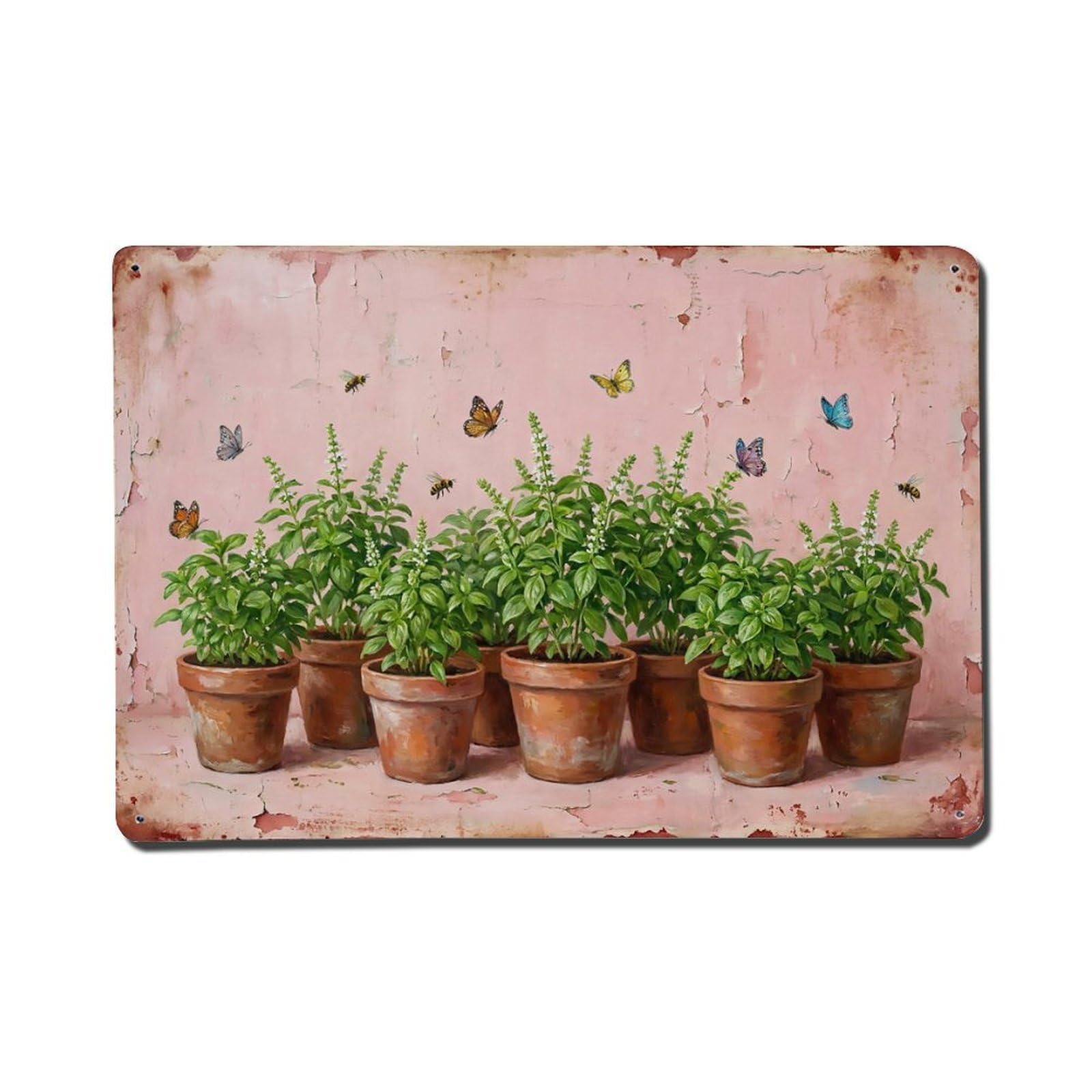 Vintage Rustic Flower Potted Plants Basil Metal Tin Sign