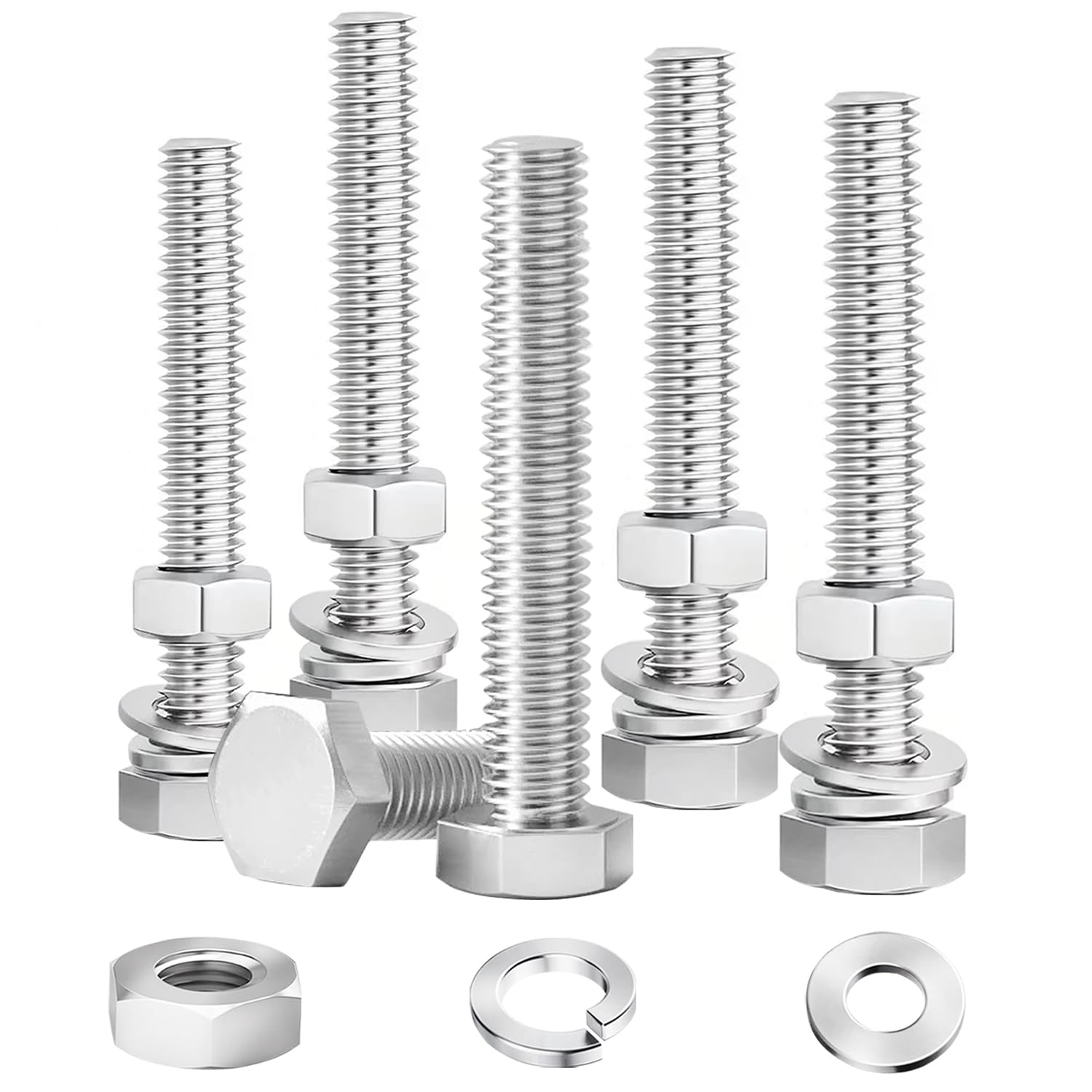 Ruibapa 4 Sets 5/16-18 x 5" Stainless Steel Hex Head Screws Bolts, Flat, Nuts & Lock Washers,Hex Bolts 18-8(304) Full Thread