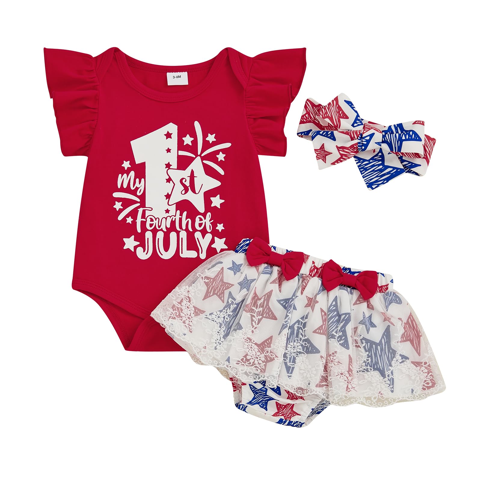 ZAXARRA Baby Girl Fourth of July Outfit Ruffle Sleeveless Star Letter Print Romper + Shorts + Headband Set Infant Clothes (Red, 6-12 Months)