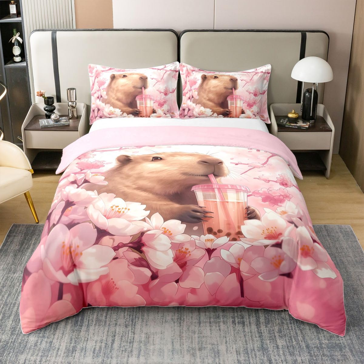 Homewish Japanische Stil Capybara Baumwoll Bettwäsche Romantisch Kirschblüten Dame Mädchen Deckenbezug 135x200 Capybara Trinkt Bubble Tea Bettbezug Entspanntes Kapibara Tierliebhaber Bettset 2 Teilig