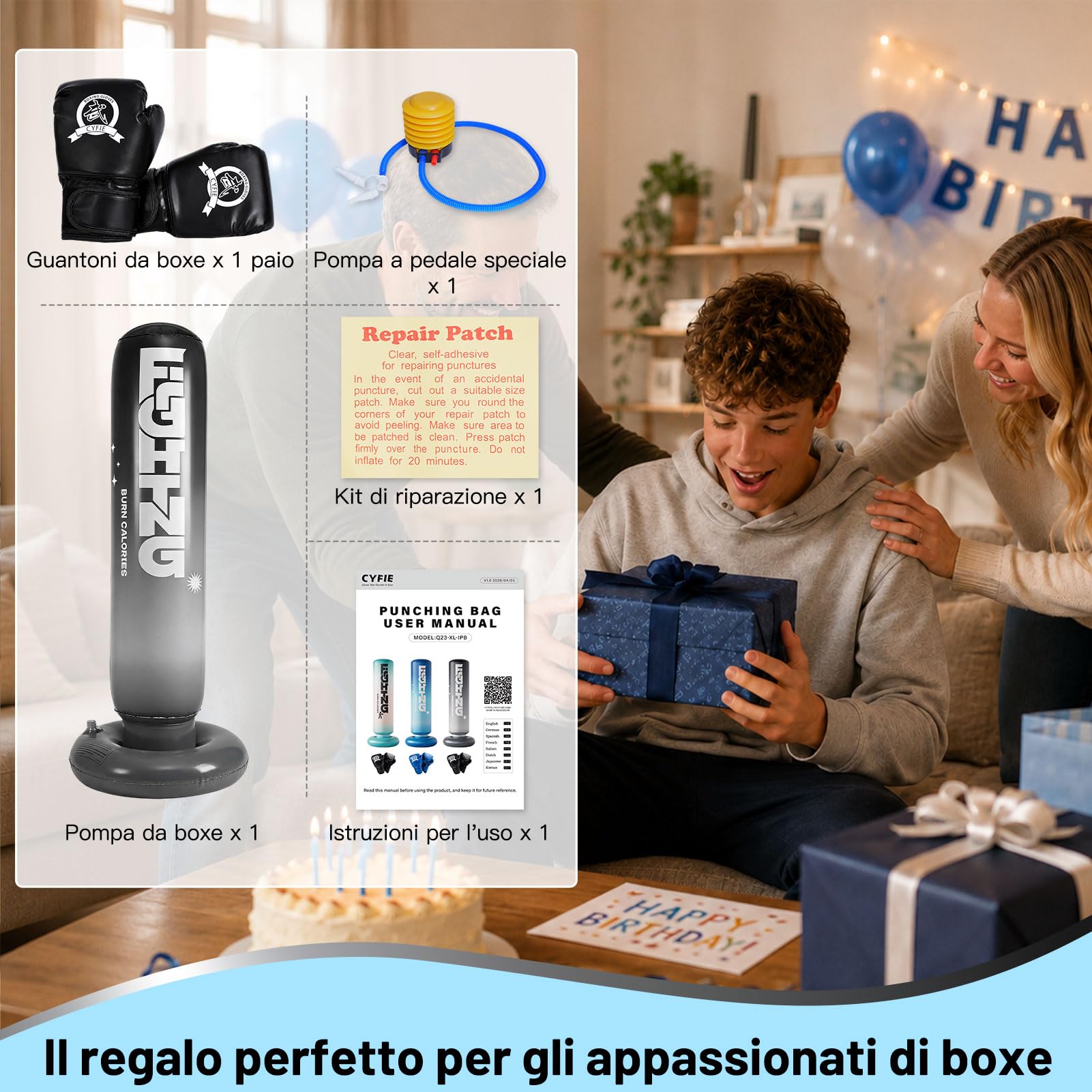CYFIE Sacco da boxe gonfiabile con guanti da boxe e pompa, 150 cm, sacco da boxe autoportante, attrezzatura per allenamento MMA Muay Thai Fitness