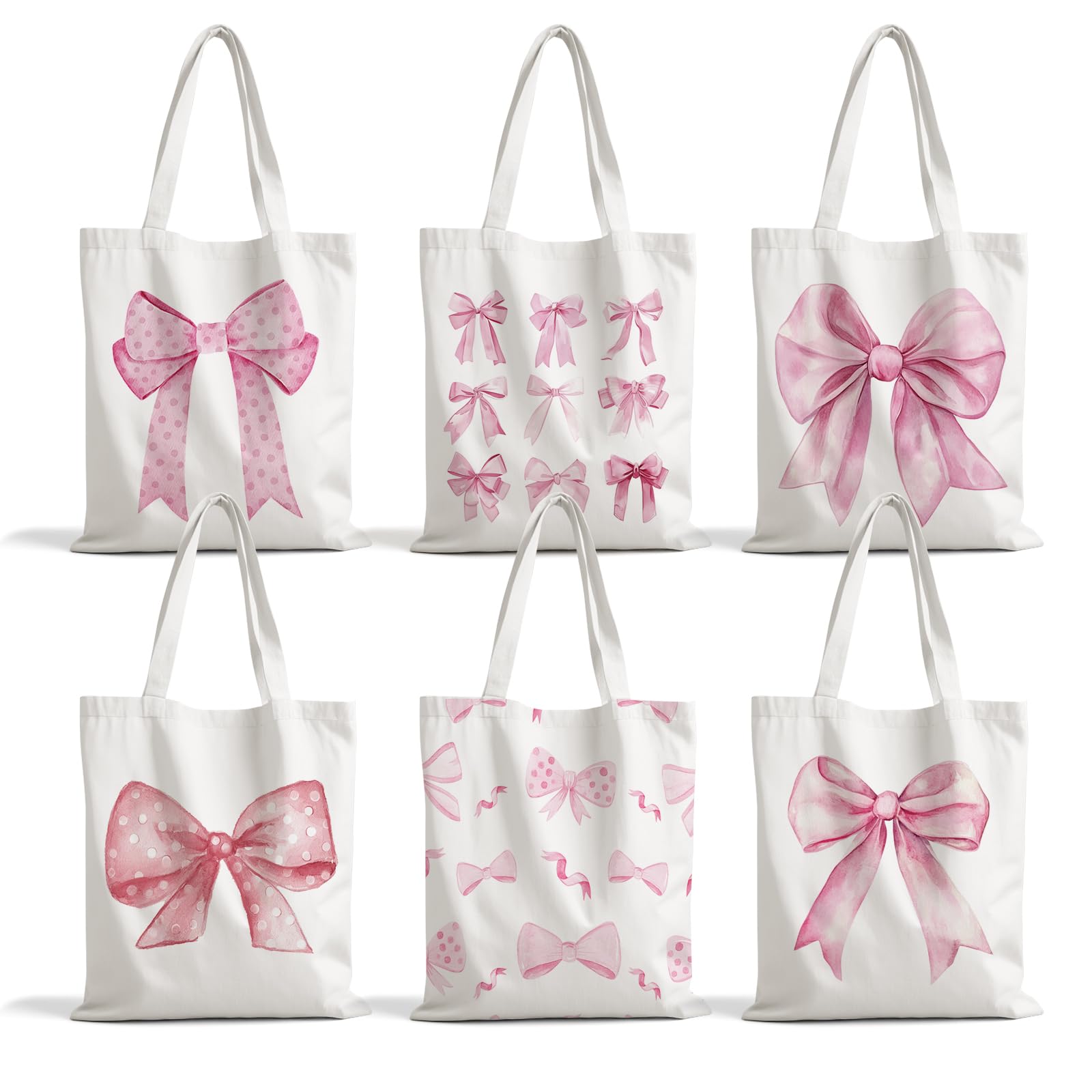 6PCS Pink Bow Canvas Tote Bags 15"x13" Pink Bowknot Goodie Grocery Luggage Canvas Tote Bulk for Birthday Party Candy Bags Girls Pink Bow Theme Baby