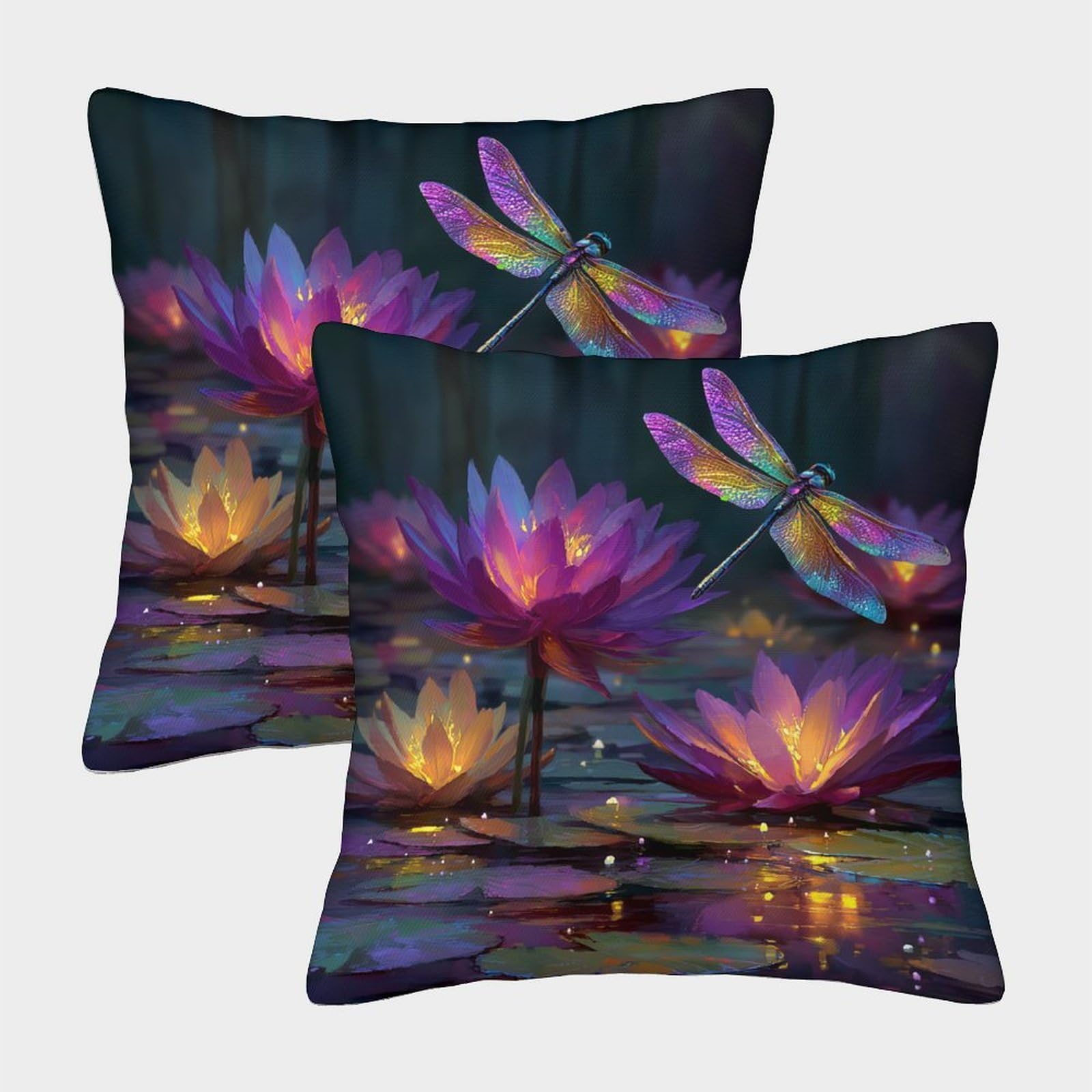 kaiyun 2 Pack Dragonfly, Water Lily 3D Image Printed Single-sided Cushion Cover 45x45cm