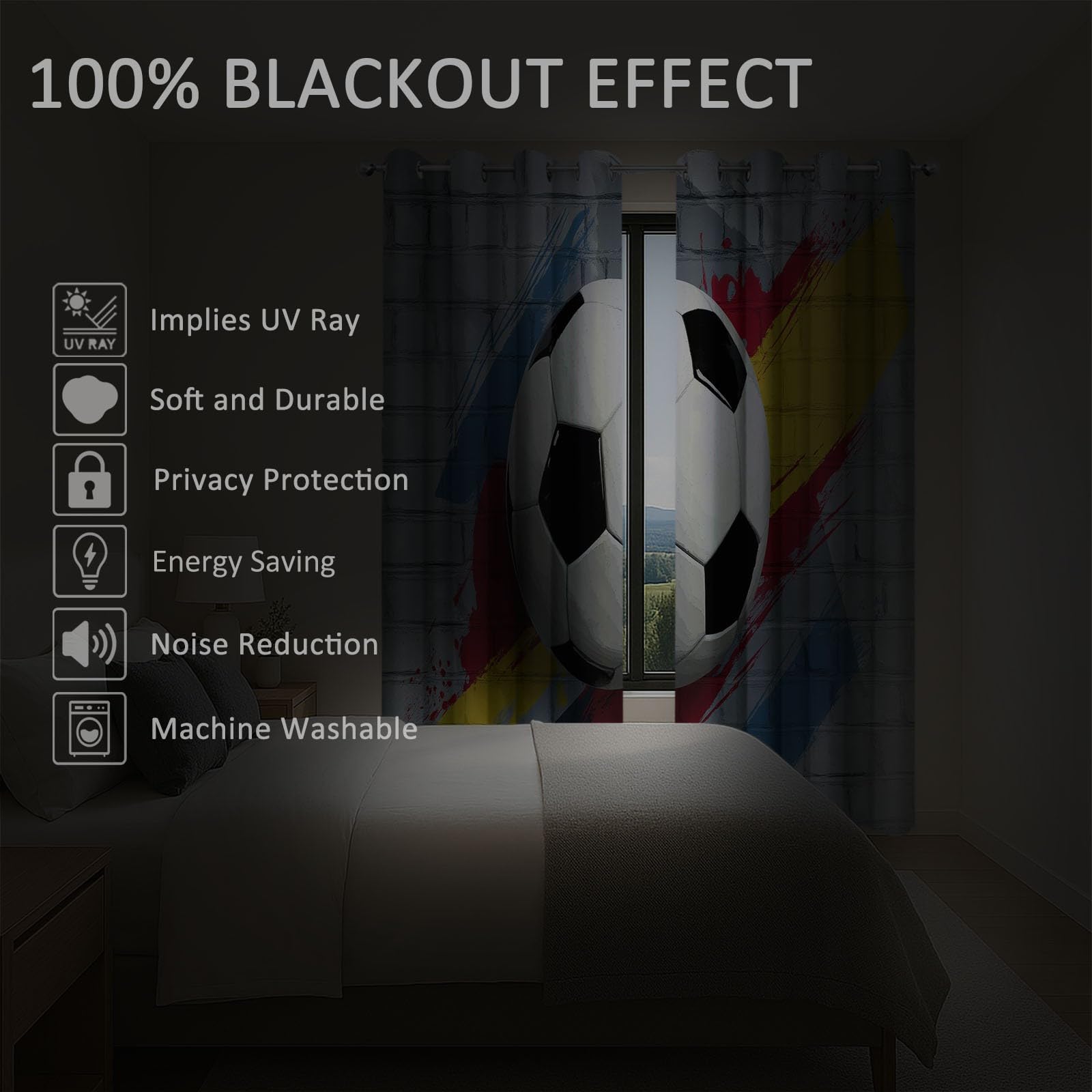 Generisch Grau Vorhang Blickdicht Thermovorhang Graffiti-Stil Backsteinmauer Fußball Gardinen, Wohnzimmer kälteschutz mit Ösen Vorhänge für Schlafzimmer Wohnzimmer Fenster H183 x B117 cm (2er Pack)