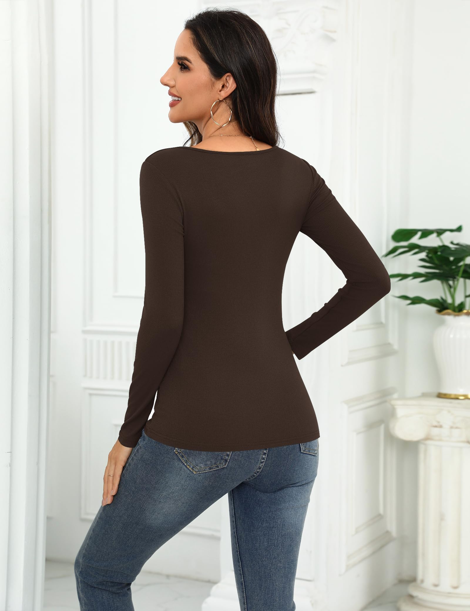 Aottori Maglia Donna Manica Lunga con Scollo Asimmetrico Maglietta a Costine Cotone Aderente Basic Top Slim Fit Elegante T-Shirt Elasticizzato Tinta Unita Casual