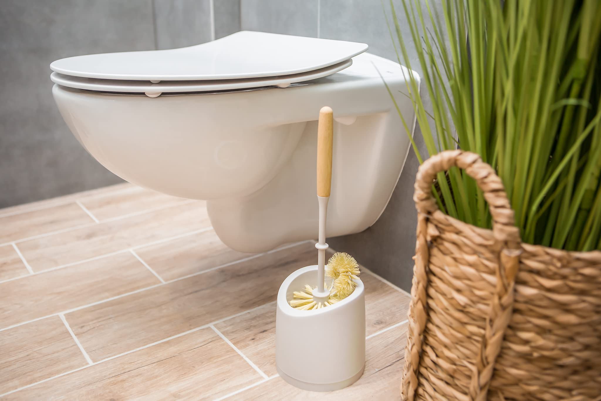 WC Brste Klobrste Bambus Griff | Toilettenbrste mit Randreiniger EKO  Natural Halten fr Badezimmer 14 x 14 x 40 cm, Braun und Wei,  3064090-009171