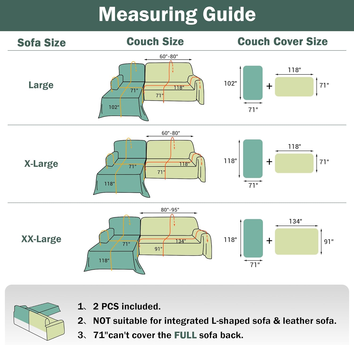 MEETSKY Couch Cover for Sofa, Sectional Couch Covers for L Shape Sofa Cover Washable, 2 Pieces Sofa Throw Cover for 2 Cushion Couch, Sofa Slipcover for Dogs (Large, 71"x102"+71"x118", Light Grey)