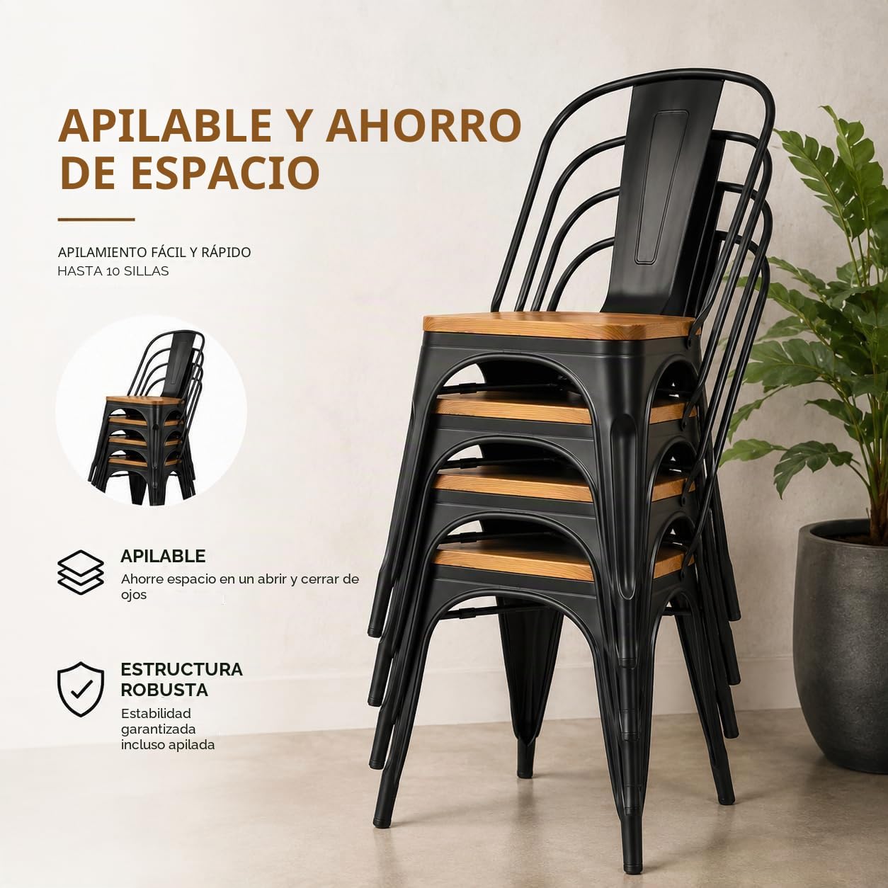 Kosmi - Juego de 4 sillas de Metal Negro y Madera Clara Asiento de fábrica de Estilo Industrial de Metal Negro Mate y Madera Clara