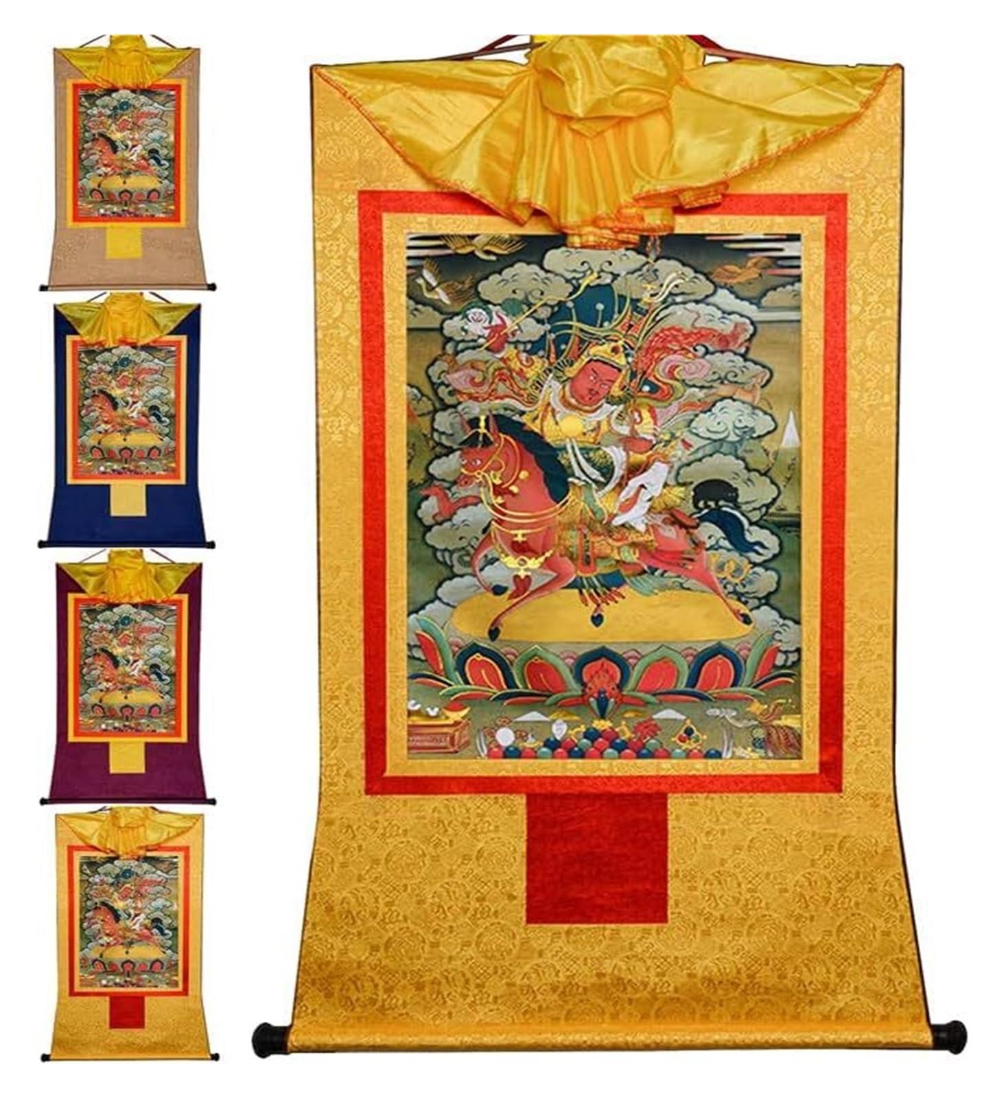Thangka-Gemälde, tibetisches Thangka, Thangka-Gemälde, buddhistischer Wandteppich, König Gesar, tibetische Thangka-Malkunst, buddhistischer Thangka-Brokat, Buddha-Wandteppich mit Schriftrolle(Beige,La