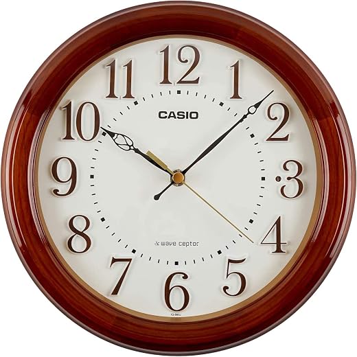 CASIO IQ-880J-5JF Wall Clock, Radio, Brown, Diameter 9.4 inches (24 cm), Analog, Wooden Frame, Nighttime Second Hand Stop, Dual Use