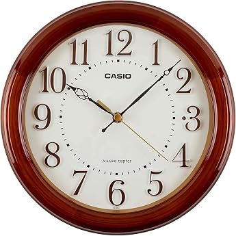Casio IQ-880J-5JF Wall Clock, Radio, Brown, Diameter 9.4 inches 24 cm, Analog, Wooden Frame, Night Second Hand Stop, Multi-Use