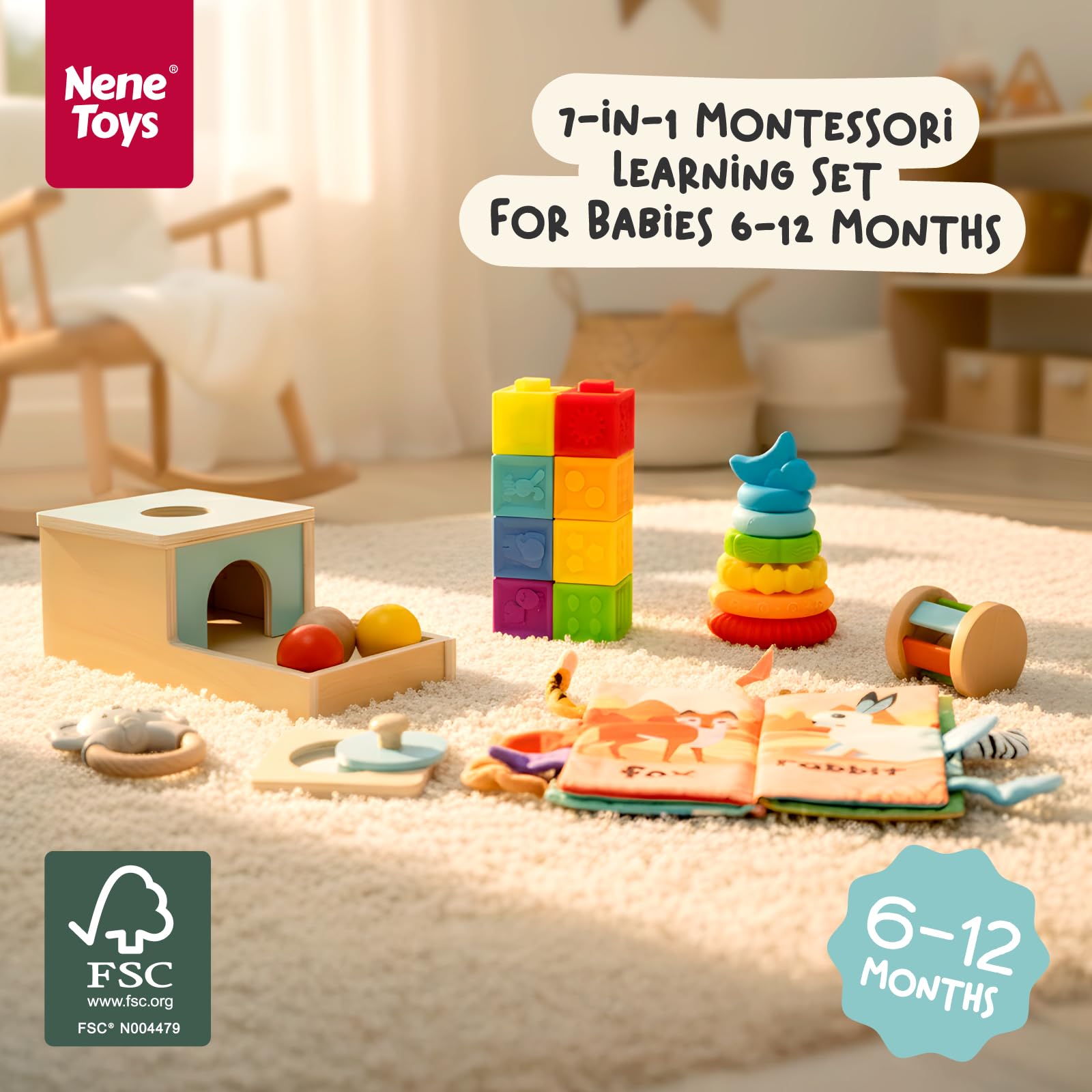 Nene Toys Zabawki Montessori dla Niemowląt 6–12 Mies. – Drewniany Zestaw Sensoryczny: Skrzynka Permanencji, Wieża Silikonowa, Puzzle z Lustrem, Książeczka, Gryzak, Grzechotka i 8 Bloków