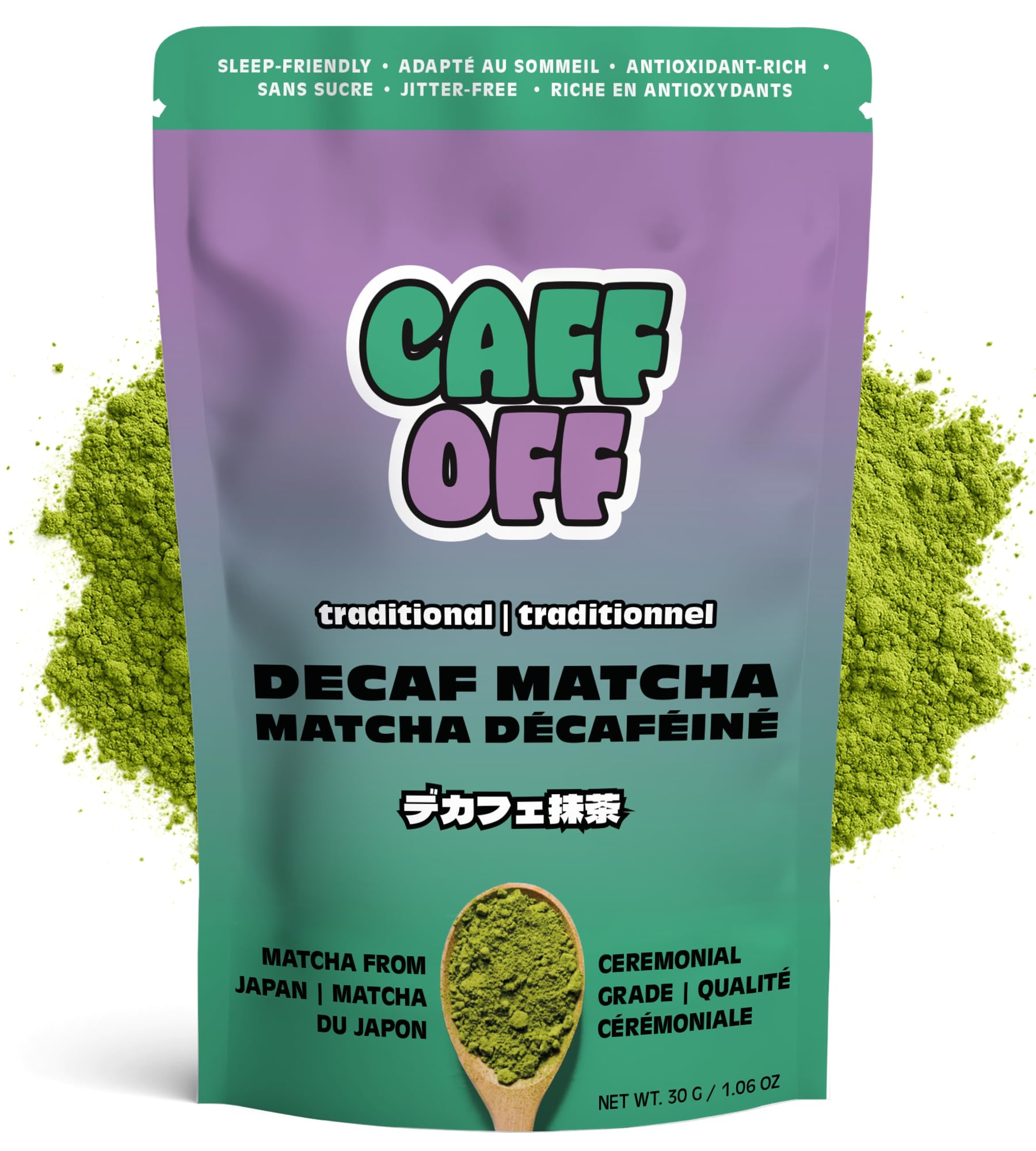 Caff Off Decaf Matcha Green Tea Powder From Japan – Small Premium Bag - 1.06 oz / 30 g – Ceremonial Grade – Naturally Decaffeinated Without Chemicals