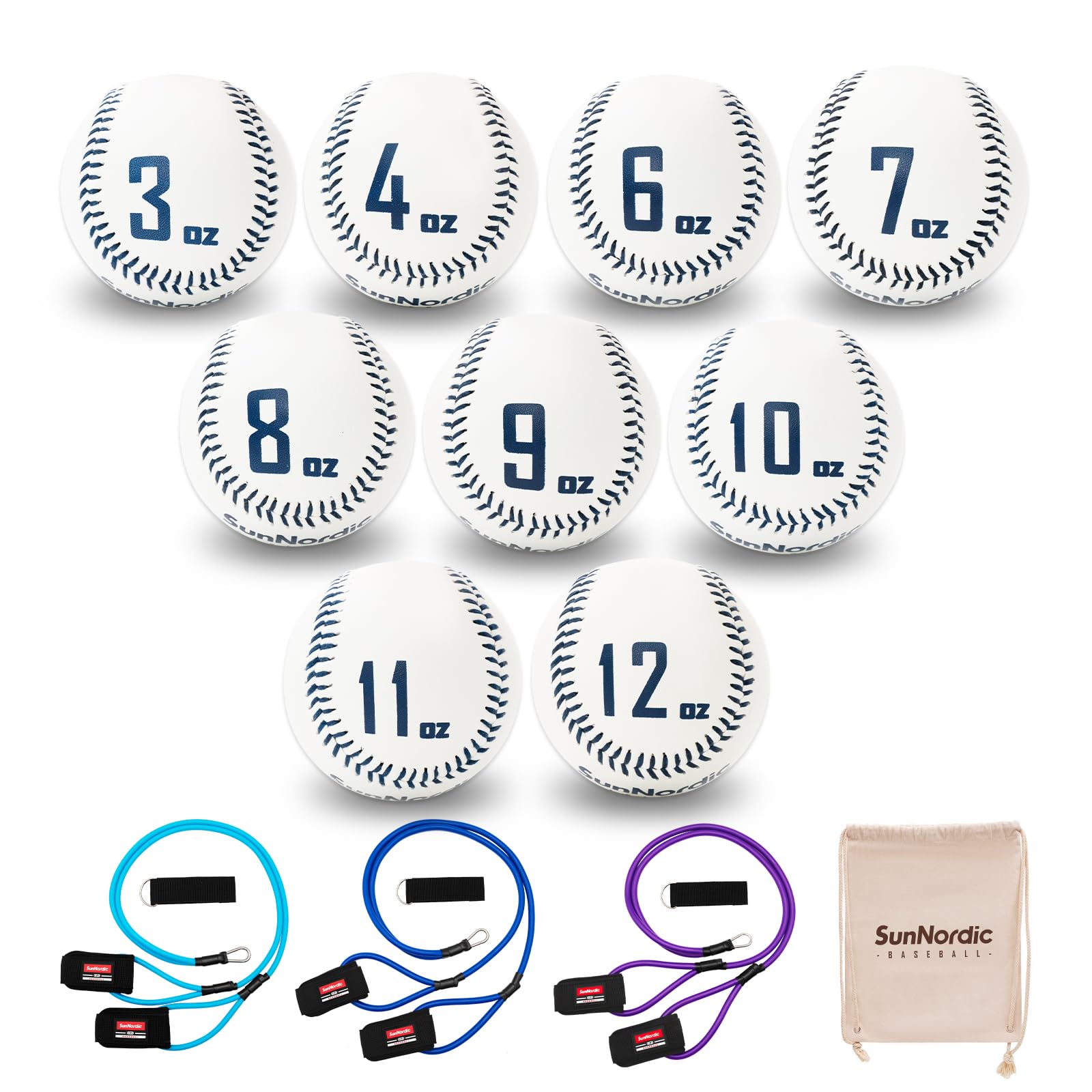 SunNordic Weighted Baseballs Set of 9, Premium Leather Baseball with Resistance Baseball Bands for Improved Power & Pitching Training - for All Skill Levels