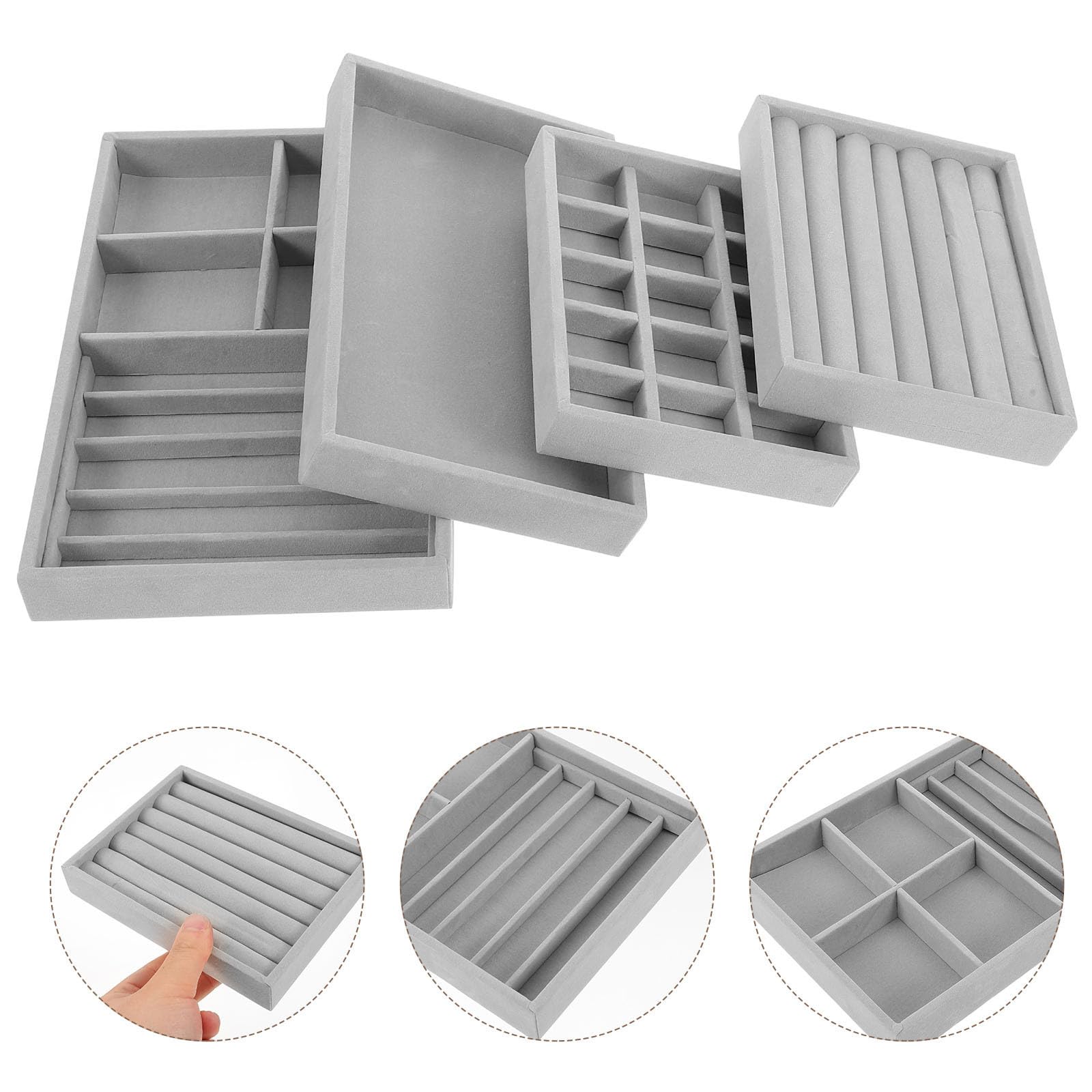 TOPBATHY 4 Piezas Bandeja Organizadora de Joyas 15 Compartimentos de Terciopelo para Collares y Anillos, Diseño Ahorrador de Espacio Adecuado para Hogar y Tienda de Joyería