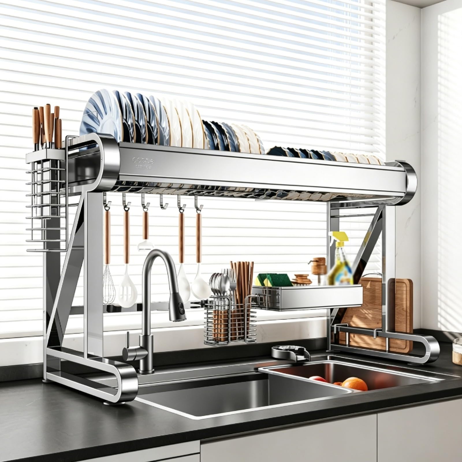 Escurridor de platos sobre el fregadero, organizador de 2 niveles de acero inoxidable 304 para platos, vasos, cuencos y cubiertos, almacenamiento multifuncional de cocina que ahorra espacio