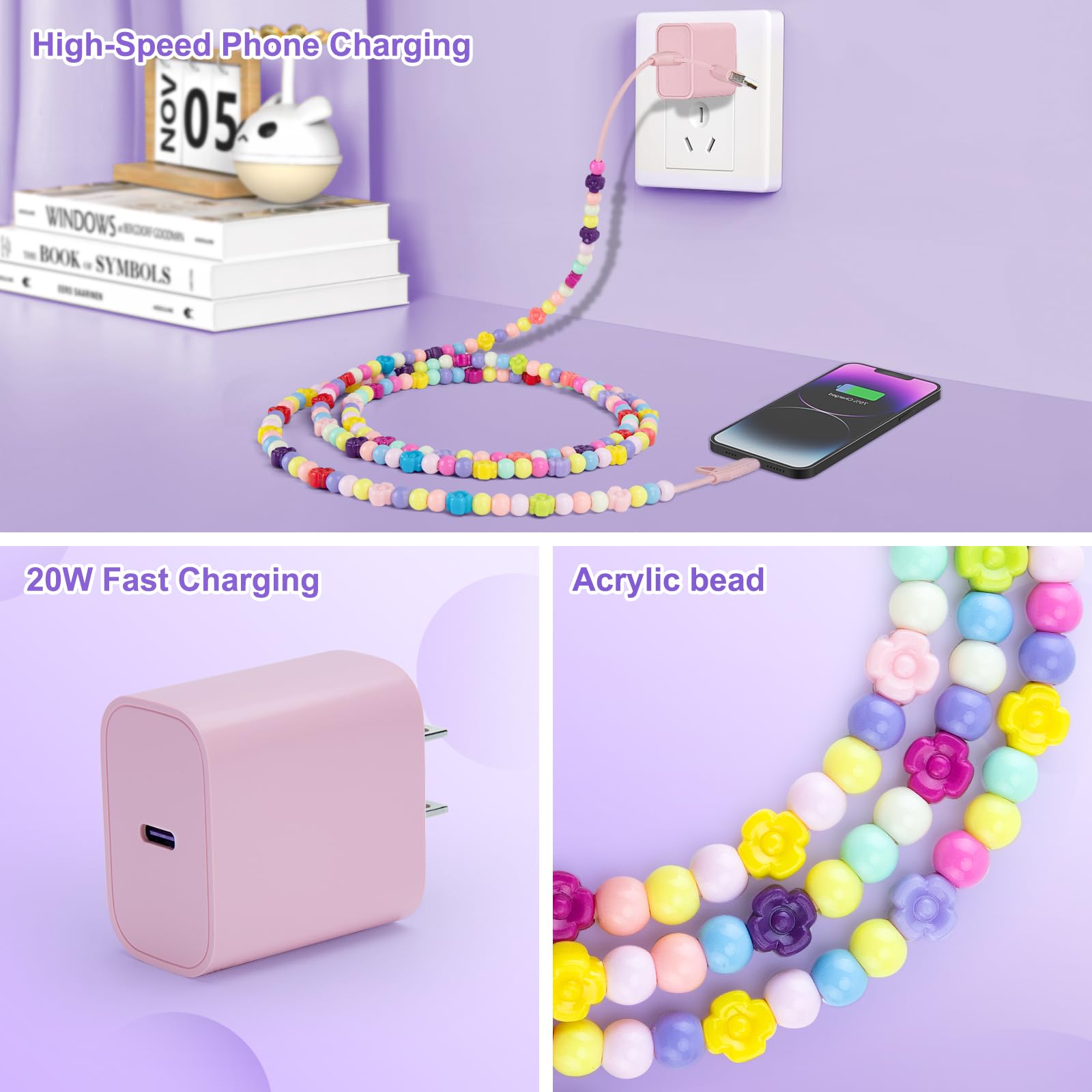 Cavo USB C con blocco caricabatterie, cavo di ricarica multi perline 4 in 1 cavo di ricarica multi cavo di ricarica rapida Star Beads 1,8 m ragazze donne per iPhone 16/15 Pro 14 Pro Max/iPad