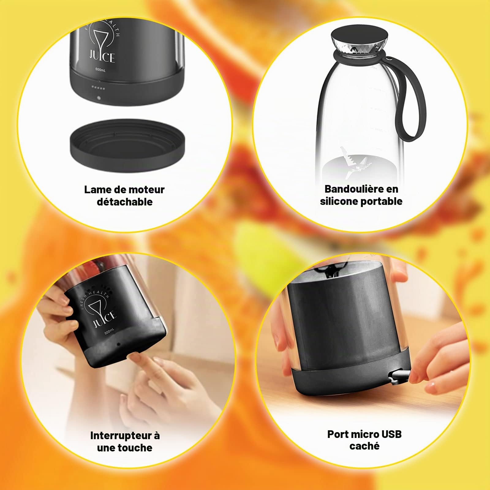 Smoothie Maker To Go Mixer, 500 ml, mixeur rechargeable portable, mixeur personnel multifonction avec 6 lames en acier inoxydable, bouteille de jus frais pour shakes, jus, smoothie, voyage