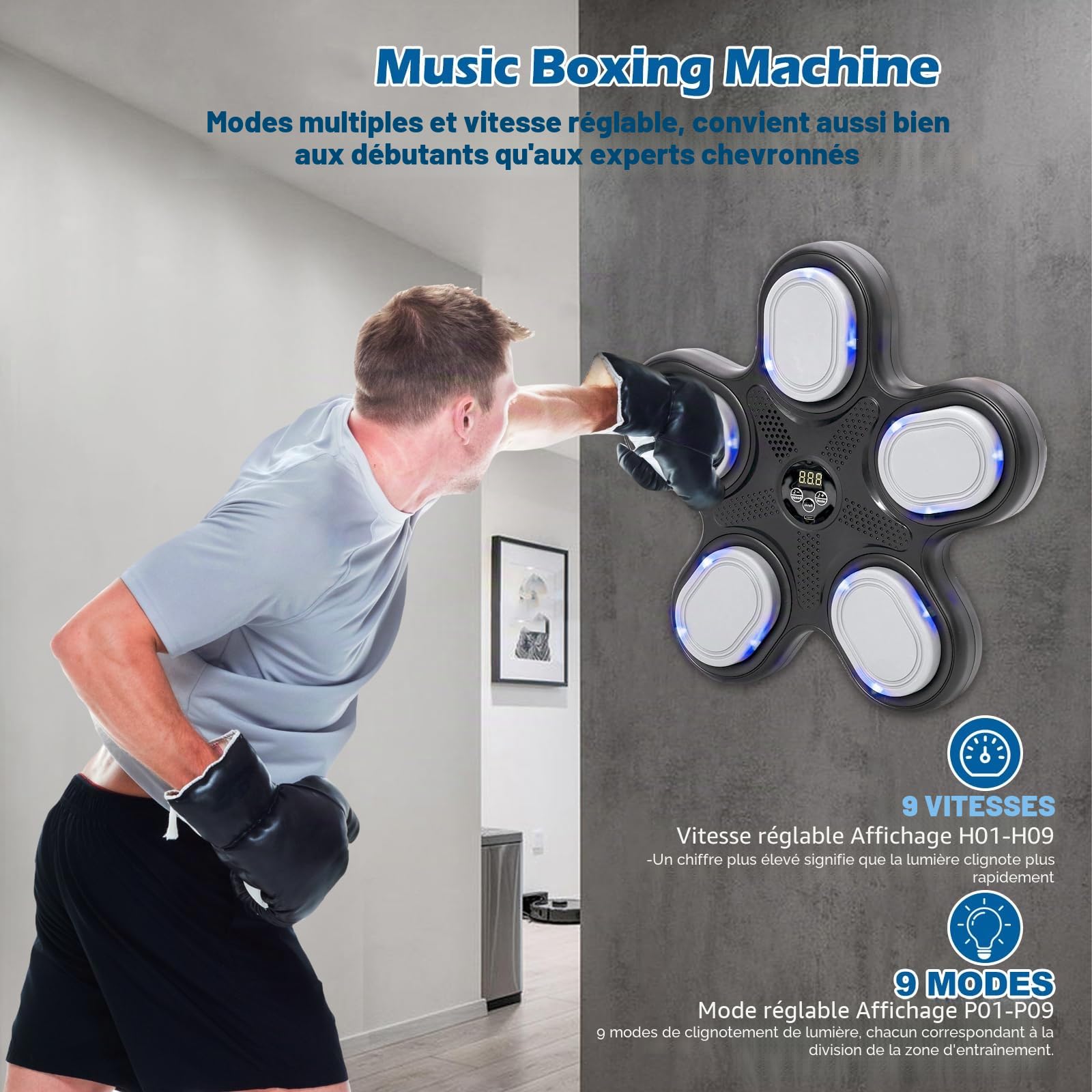 Machine de Boxe Musicale, Music Boxing Machine Bluetooth avec Gants de Boxe Enfant et Adultes, 9 Modes de Vitesse Boxe Mural Musique pour la Maison