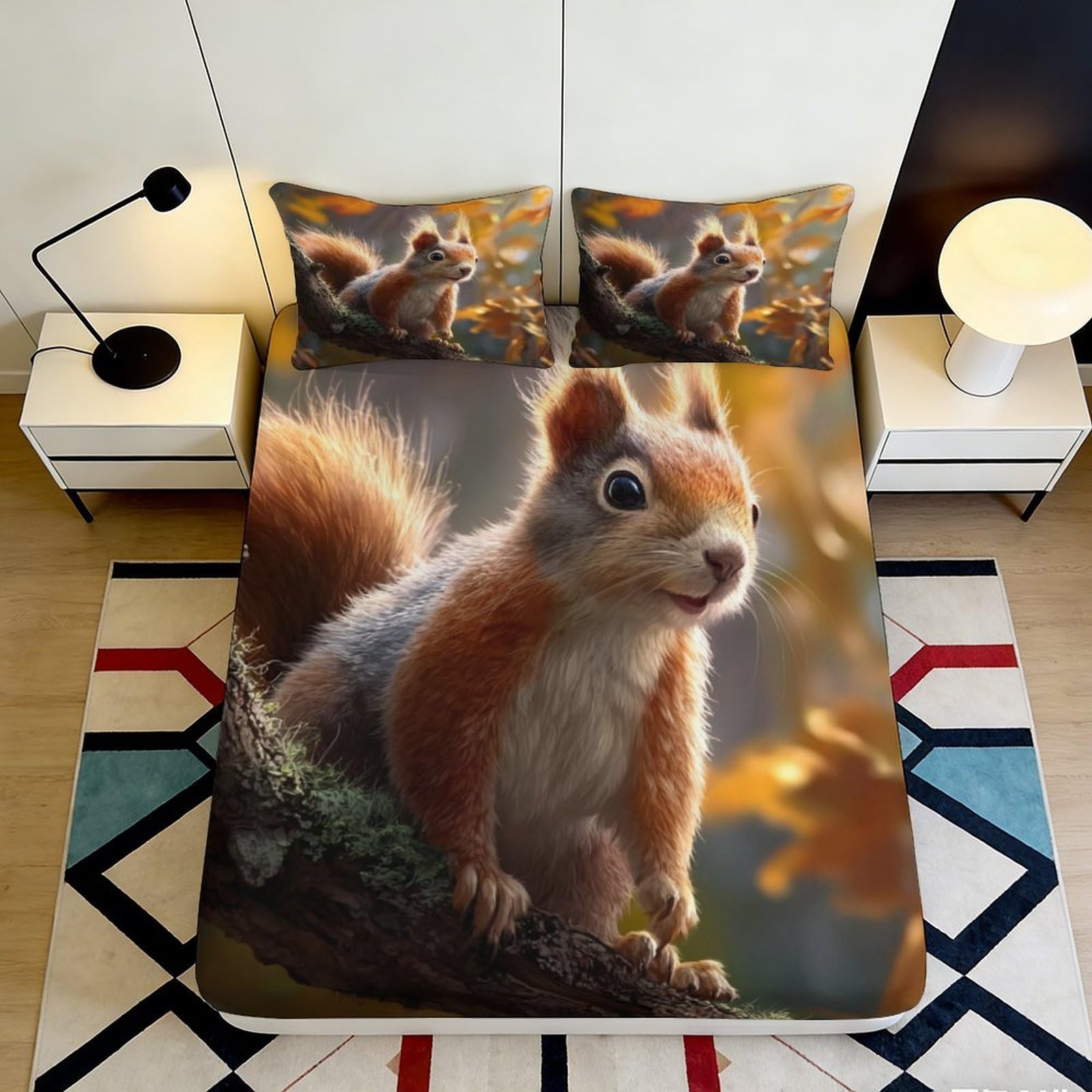 3D Printed Squirrel Autumn Forest Fitted Sheet Microfiber Non-Slip Mattress Cover for Bedroom Guest Room Decor 90x200x25cm
