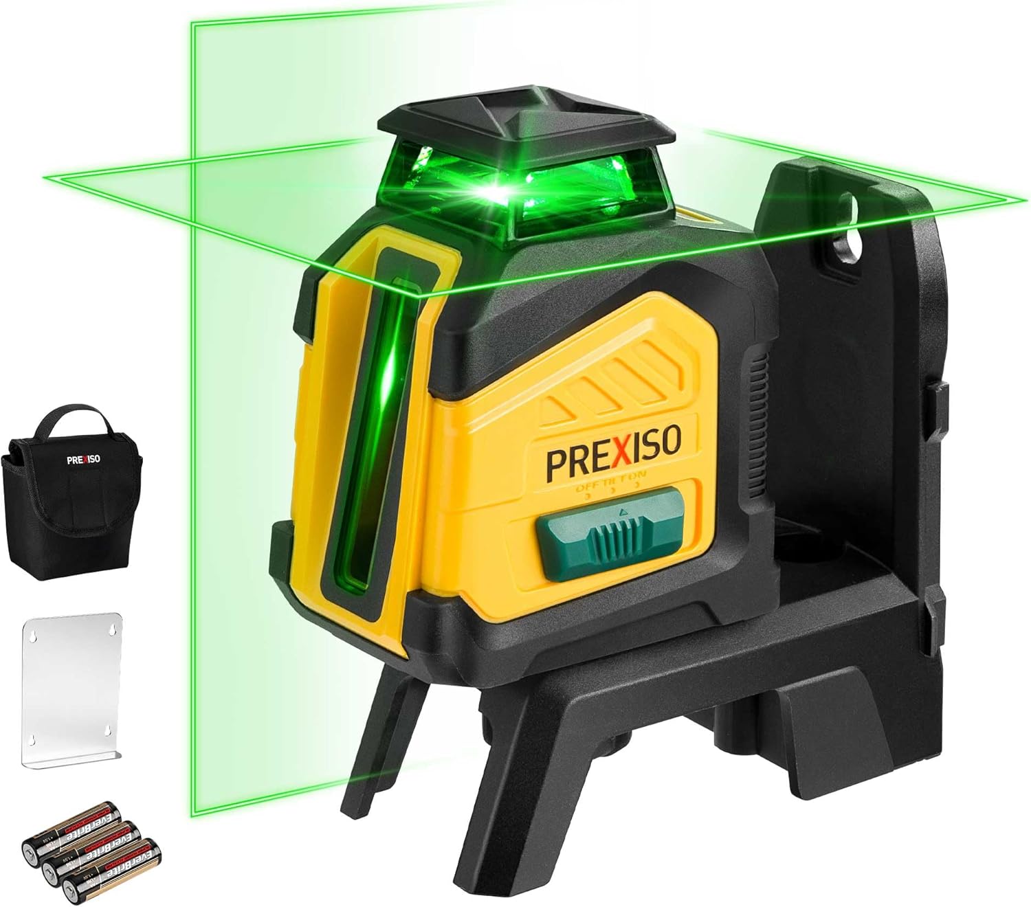 PREXISO 360° Laser Level Self Leveling, 100Ft Dual Power Cross Line Laser - Wide Angle Vertical Line for Construction, Floor Tile, Renovation with Magnetic Base, Wall Panel Stand, Carry Bag Magnetic Bracket