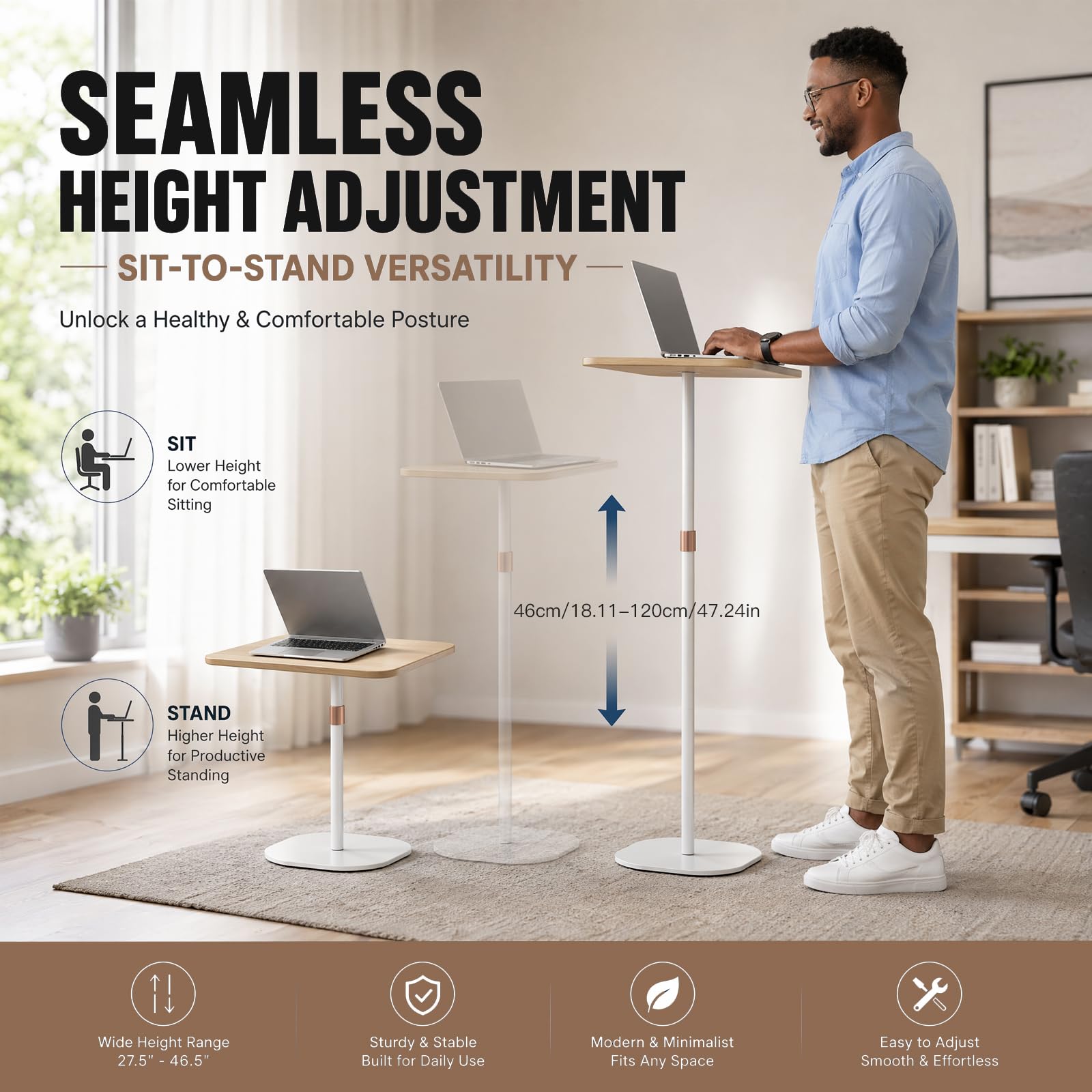 Leggio regolabile in altezza 46-120 cm, supporto portatile per laptop con ruote, tavolo regolabile per computer, tavolino portatile per ufficio, scuola, presentazione, divano e letto (bianco)