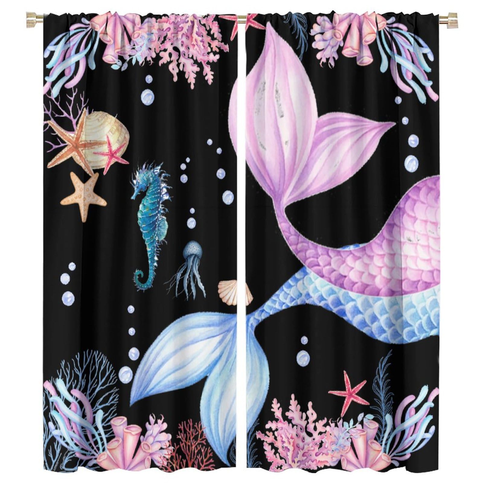 Kids Mermaid Tail Curtains, Underwater World Octopus Jellyfish Coral Window Treatments for Girls Colorful Sea Ocean Window Drapes for Toddlers Nursery