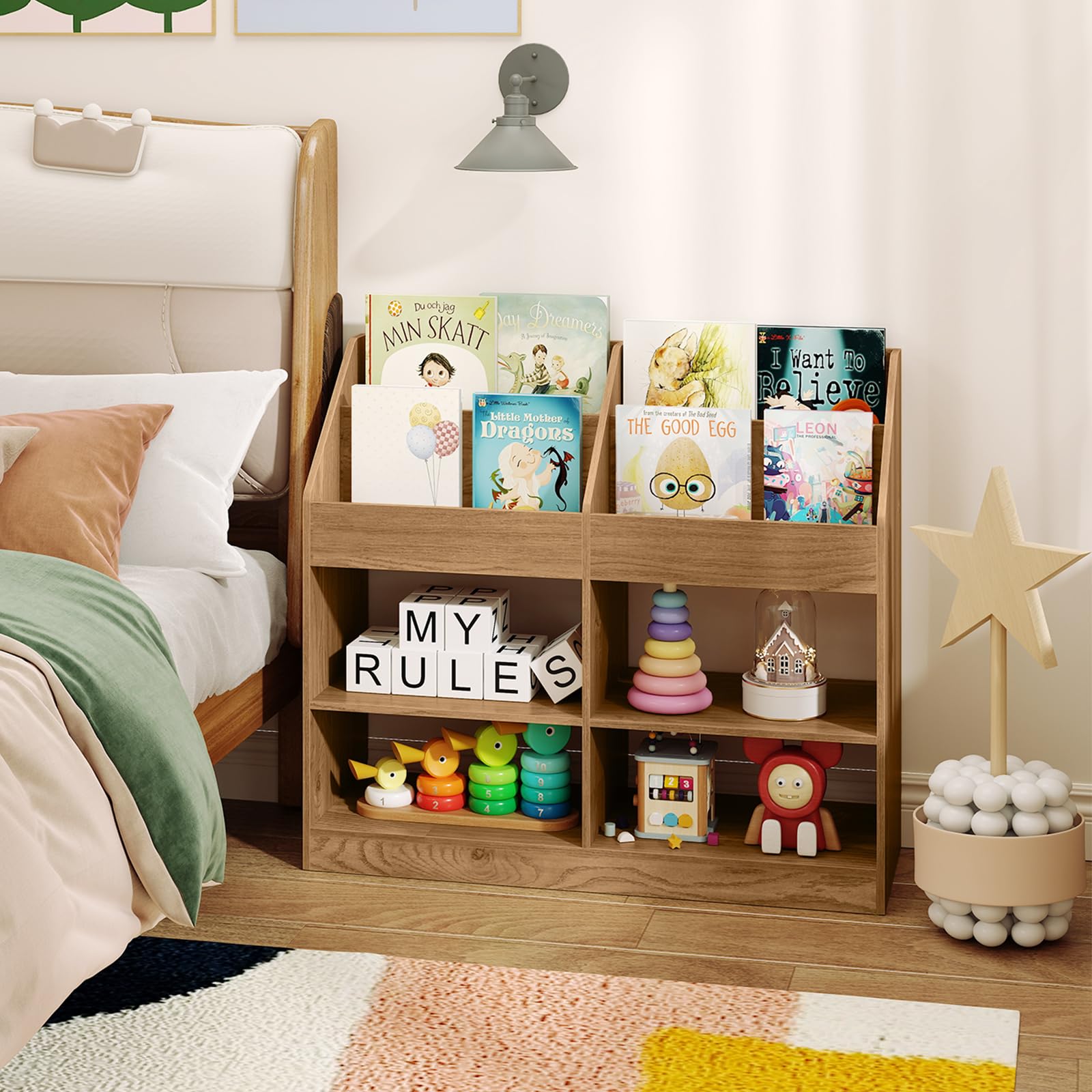 COSTWAY Libreria Montessoriana Porta Libri per Bambini, Scaffale Multifunzione con 4 Cubi e 4 Scomparti, Anti-ribaltamento, Salvaspazio per Cameretta e Stanza dei Giochi, 90x34x80 cm (Naturale)