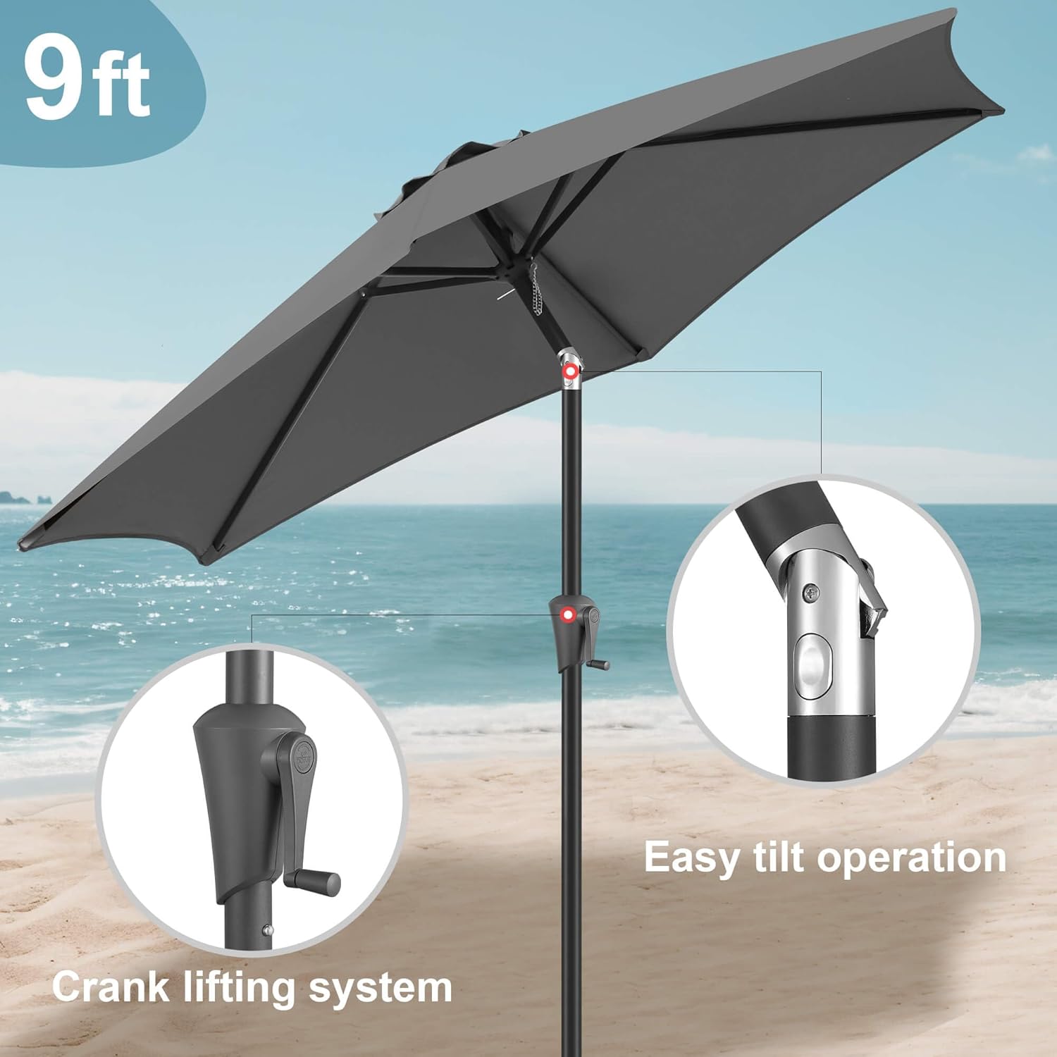 FLAME&SHADE 9ft Patio Umbrella Outdoor - Table Umbrella with Push Button Tilt and Crank, UV Protection, 6 Sturdy Ribs, Market Umbrella for Garden, Deck, Backyard, Lawn, Pool and Beach(Anthracite)