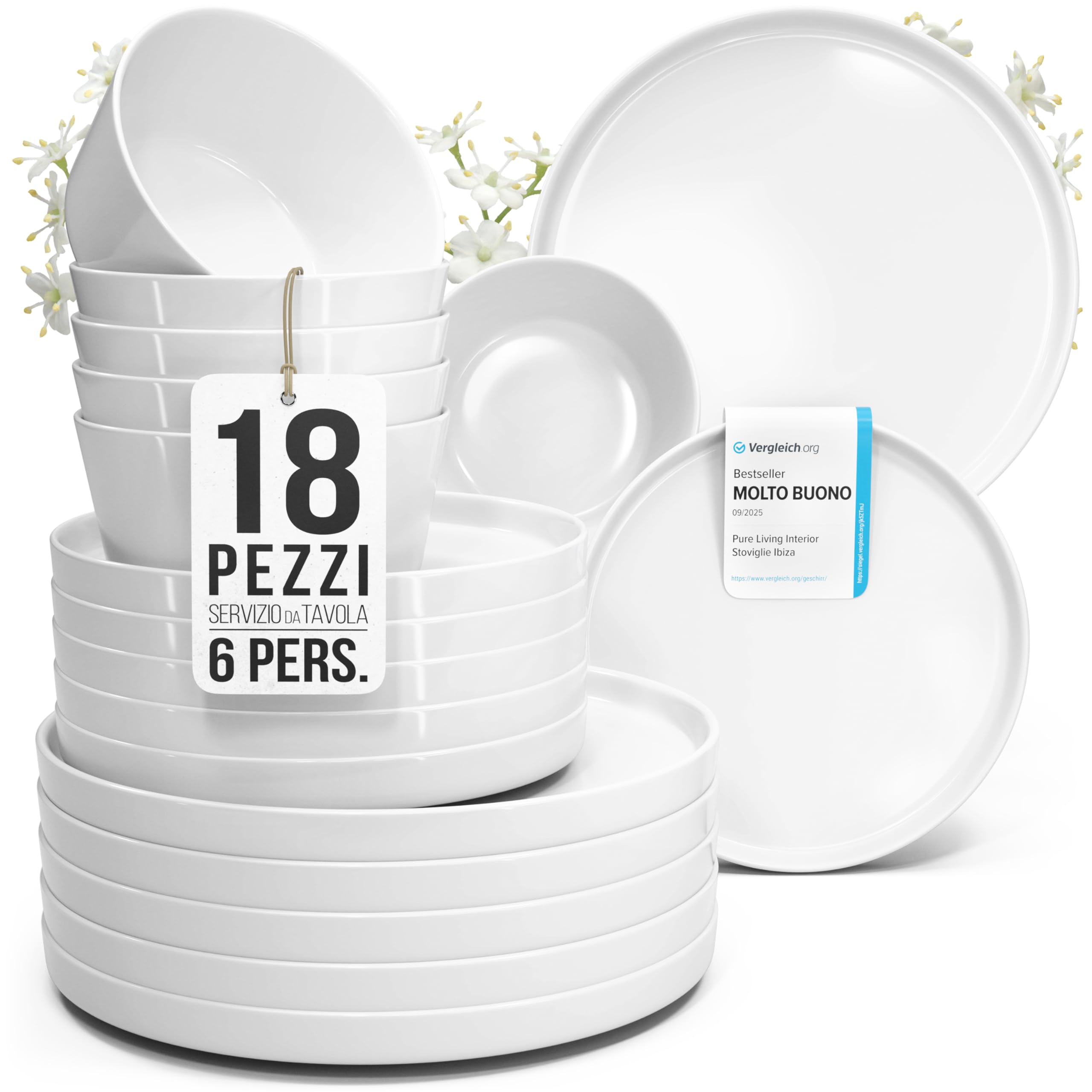 Porcelanowy zestaw naczyń dla 6 osób, Crystal 18-częściowy Zwycięzca testu, fajny zestaw naczyń z czystej porcelany, zestaw naczyń i talerzy dla 6 osób, zestaw naczyń Pure Living w kolorze białym