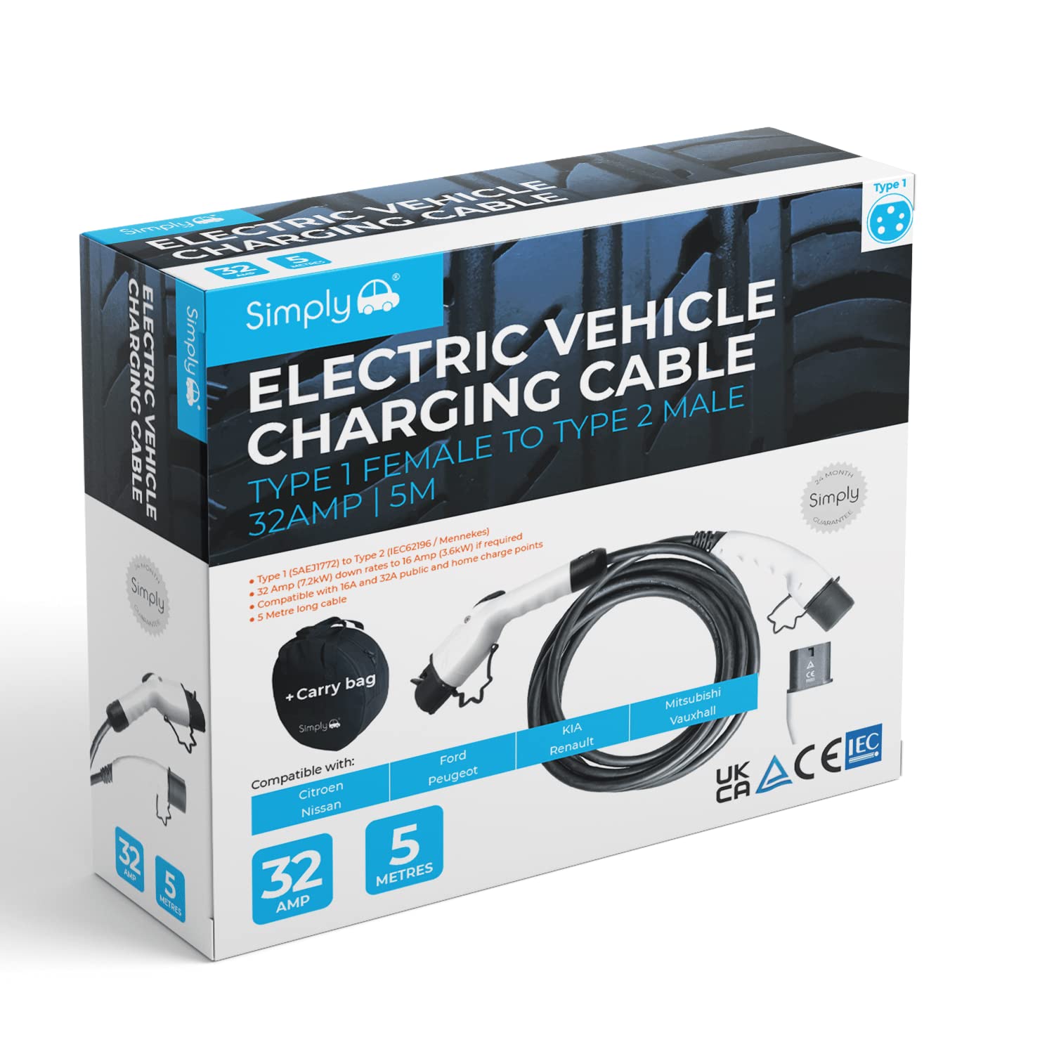 Simply Electric Vehicle Charging Cable Type 1 Female To Type 2 Male 32Amp 5M