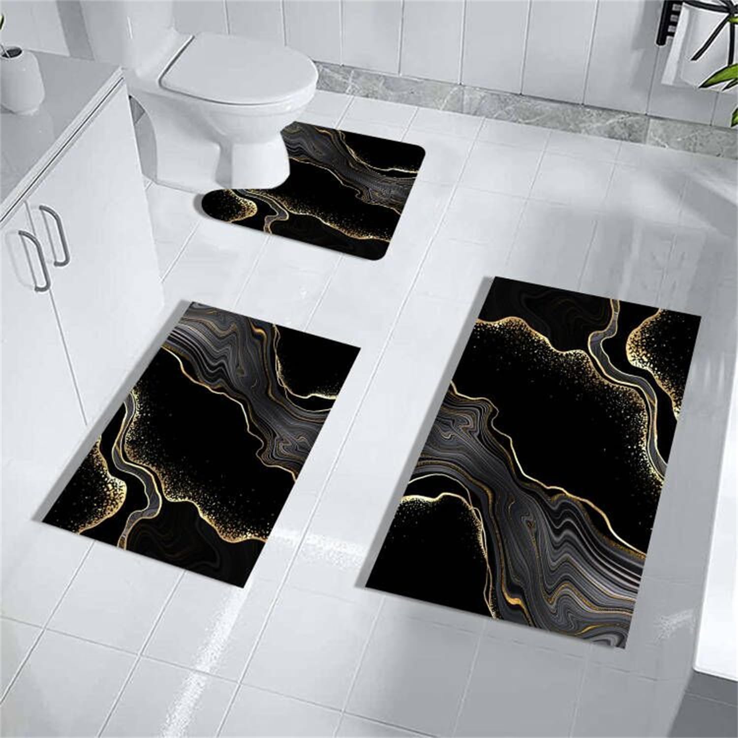 Black Gold Bathroom Rugs Sets 3 Piece Abstract Bath Mat Sets Thin Rubber