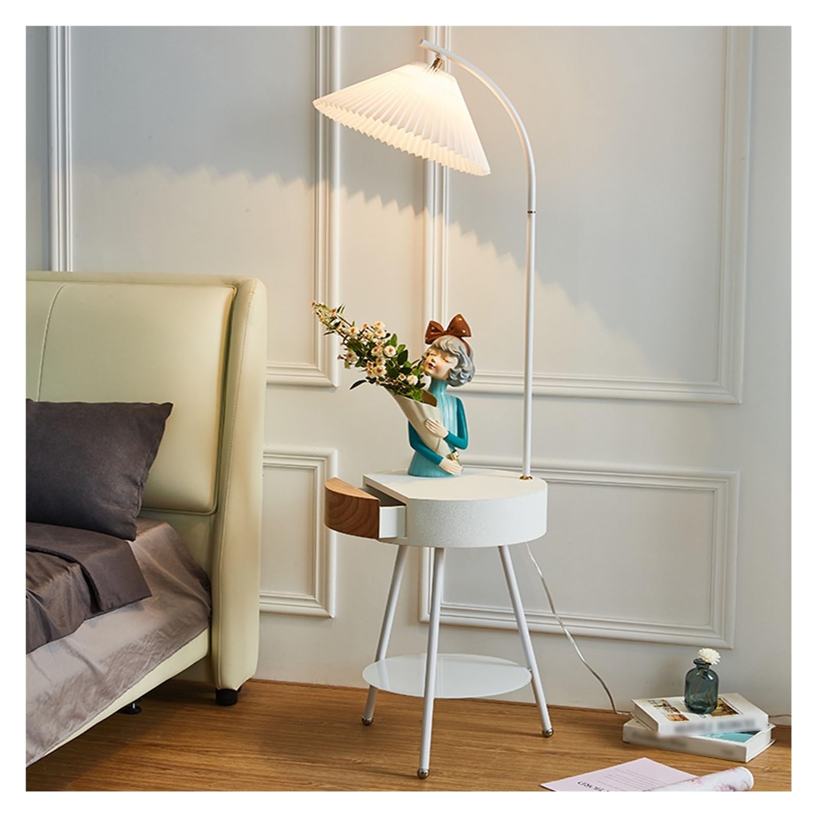 LJHFG63KUYT Standing Lamps Floor Lamp with Table, End with Charging Station USB Ports, Nightstand with Drawer for Living Room, Bedroom, Apartment Decorate(White)