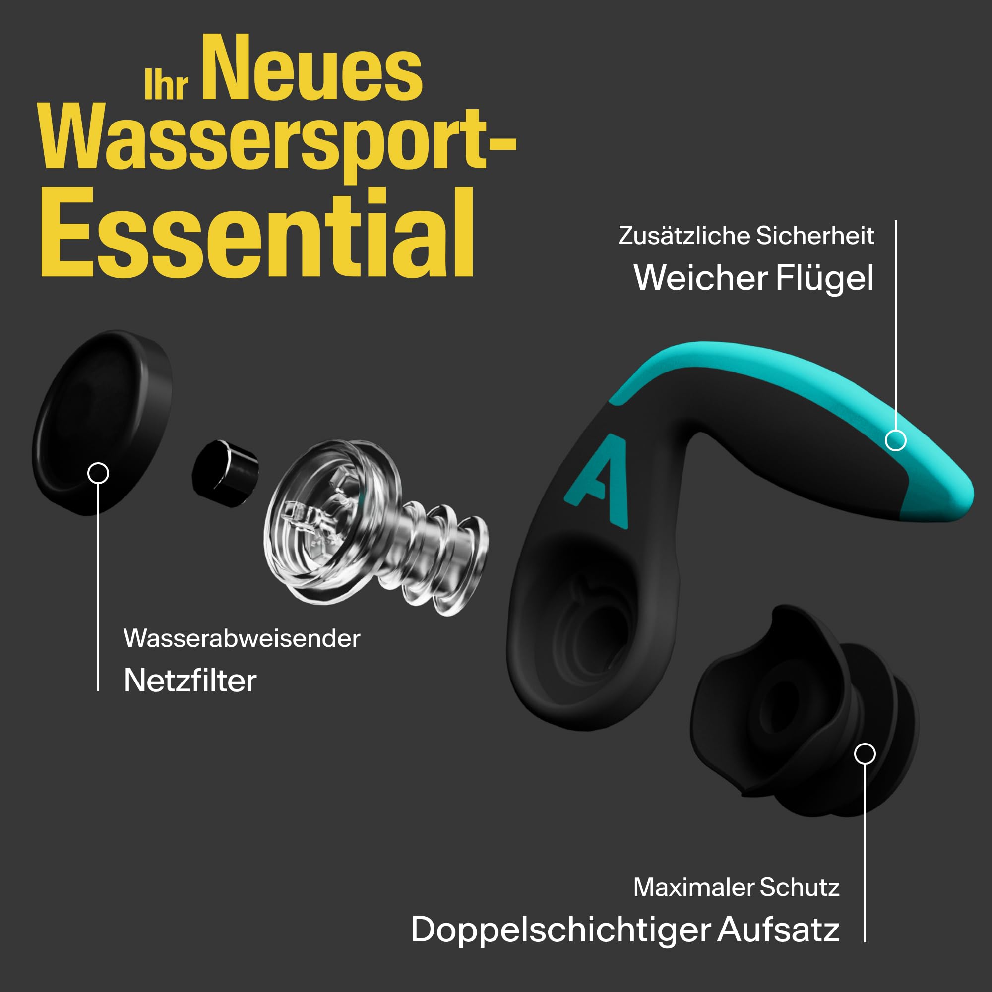 Alpine WaterSafe Pro – Surf- und Schwimmstöpsel für Erwachsene, Wasserdichte Ohrstöpsel für Wassersport, Komfortabel und Wiederverwendbar, Sicherer Sitz mit Spitzen in M und L, 1 Paar