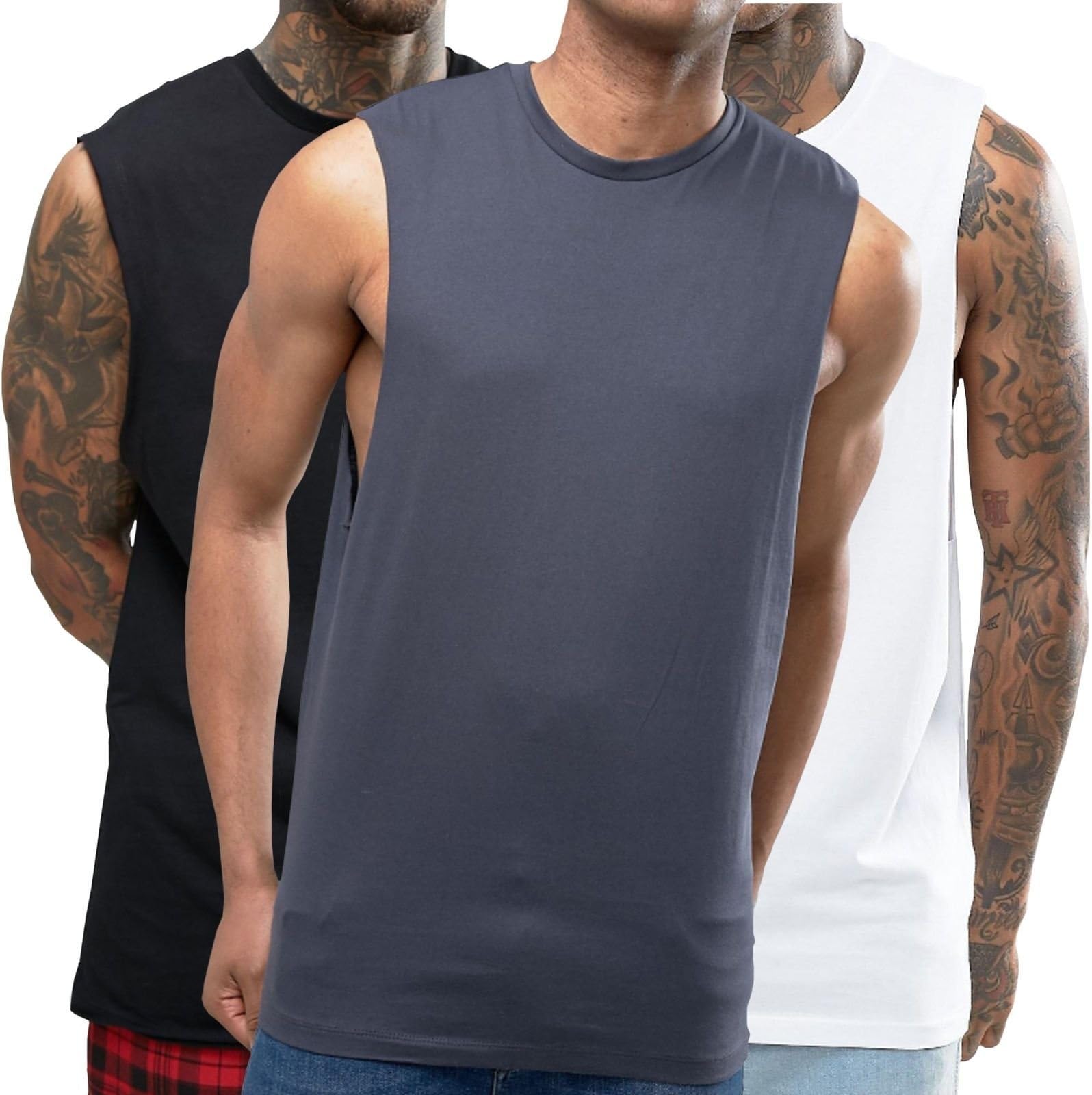 Distinkt Youth 3 Pack Sleeveless T Shirt with Dropped Arm Hole Vest Tank Top White Black Grey