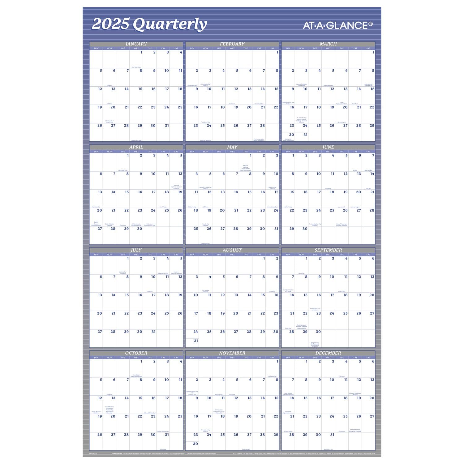 AT-A-GLANCE Calendario 2025 cancellabile, planner da parete cancellabile a secco, 91,4 x 63,5 cm, grande, verticale/orizzontale, reversibile, blu (A1102-25)