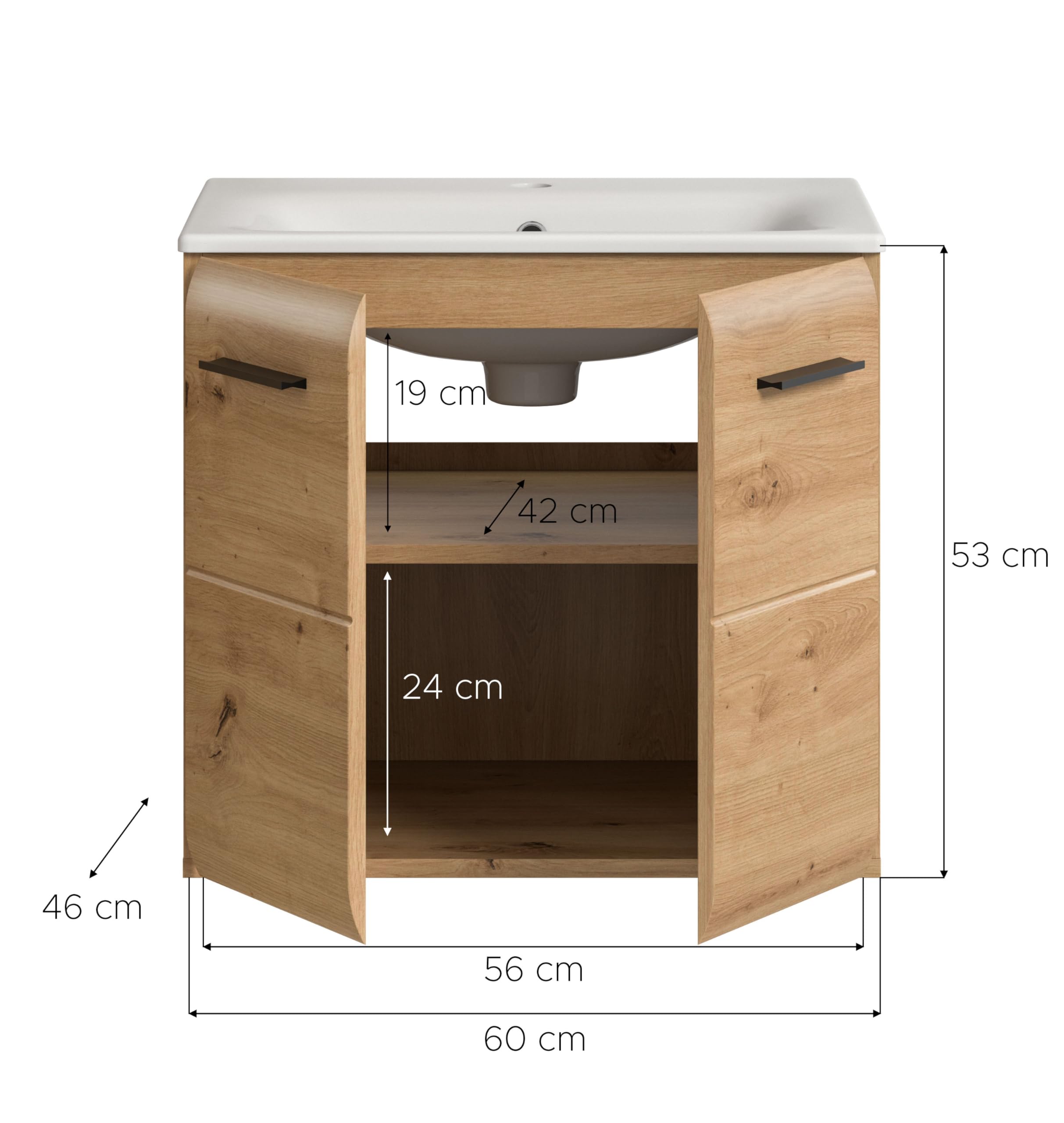 xonox.home – Waschtisch Ice 60x55x46 cm inkl. Waschbecken in Korpus und Front Artisan Oak Nachbildung – Waschplatz für Badezimmer in Holzoptik – modern & kompakt