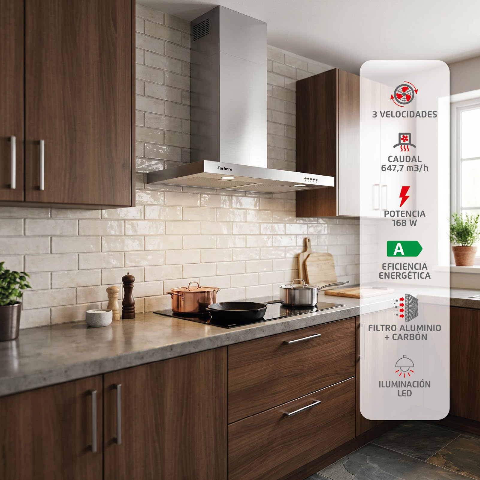Corberó - Hotte décorative horizontale 70 cm | VOSTOK760X | Inox | Débit 647,7 m3/h | 165 W | 3 vitesses | 2 filtres en aluminium | Filtre charbon | Efficacité énergétique A, Inox