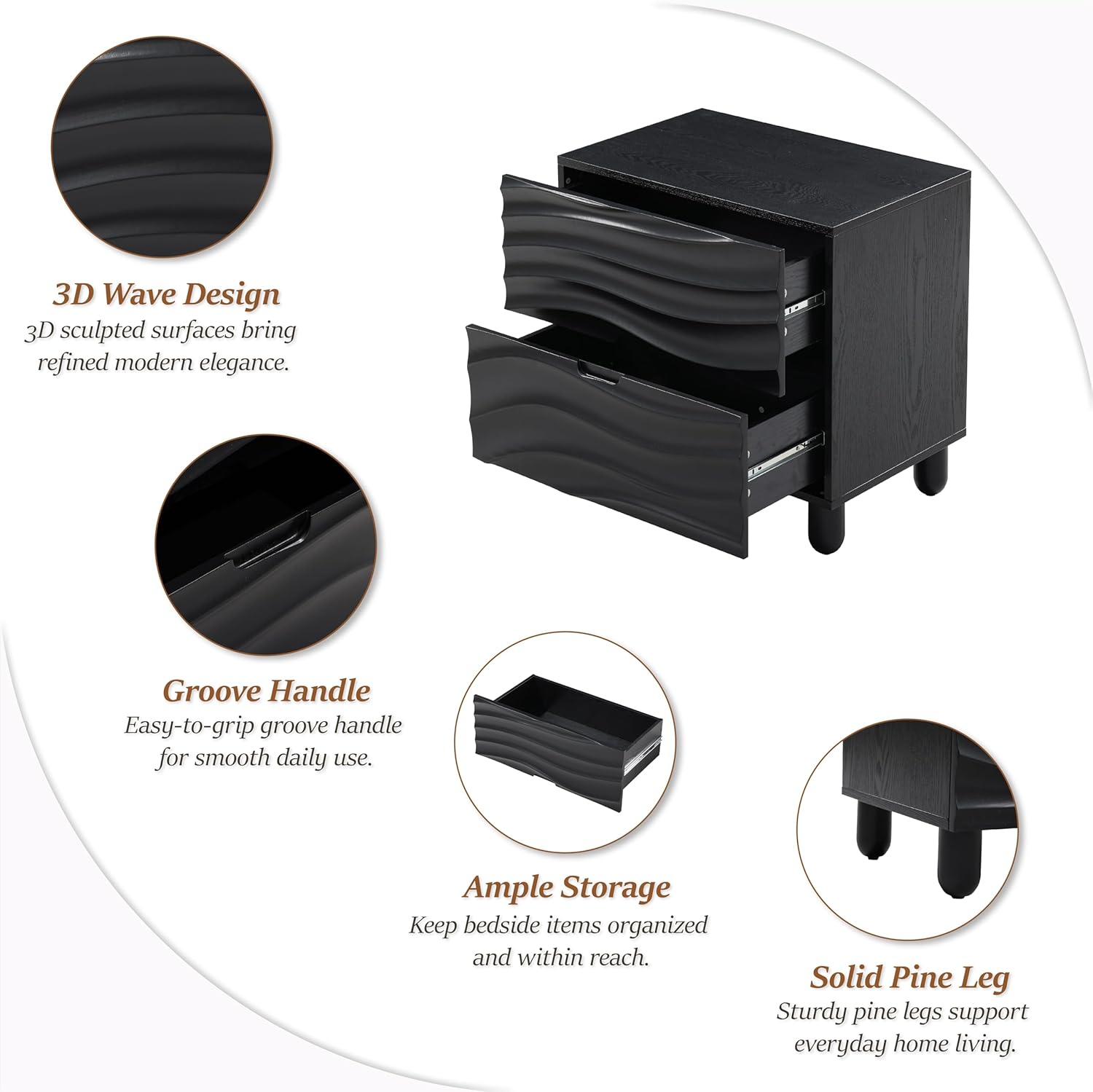 Modern 2 Drawer Wood Nightstand with 3D Wave Drawer Fronts, Contemporary Bed Side Table with Groove Handle and Solid Pine Leg for Bedroom (Black)