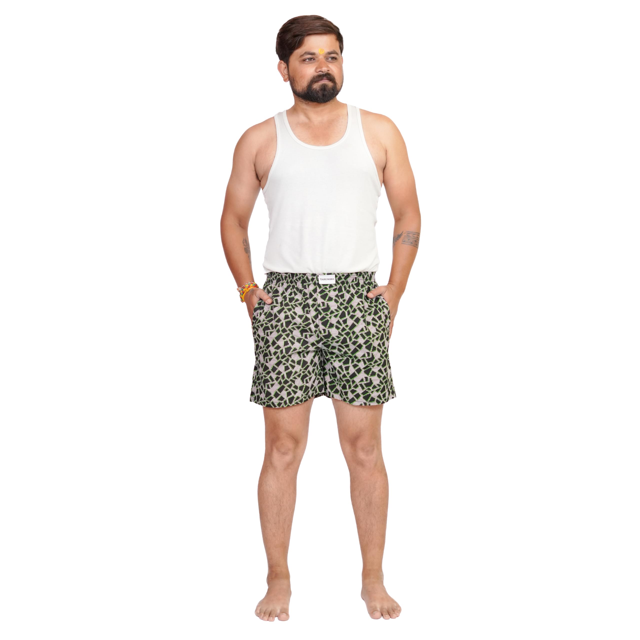 Men's Printed Boxer Shorts, Green Abstract Pattern, Summer Lounge Wear-image-27