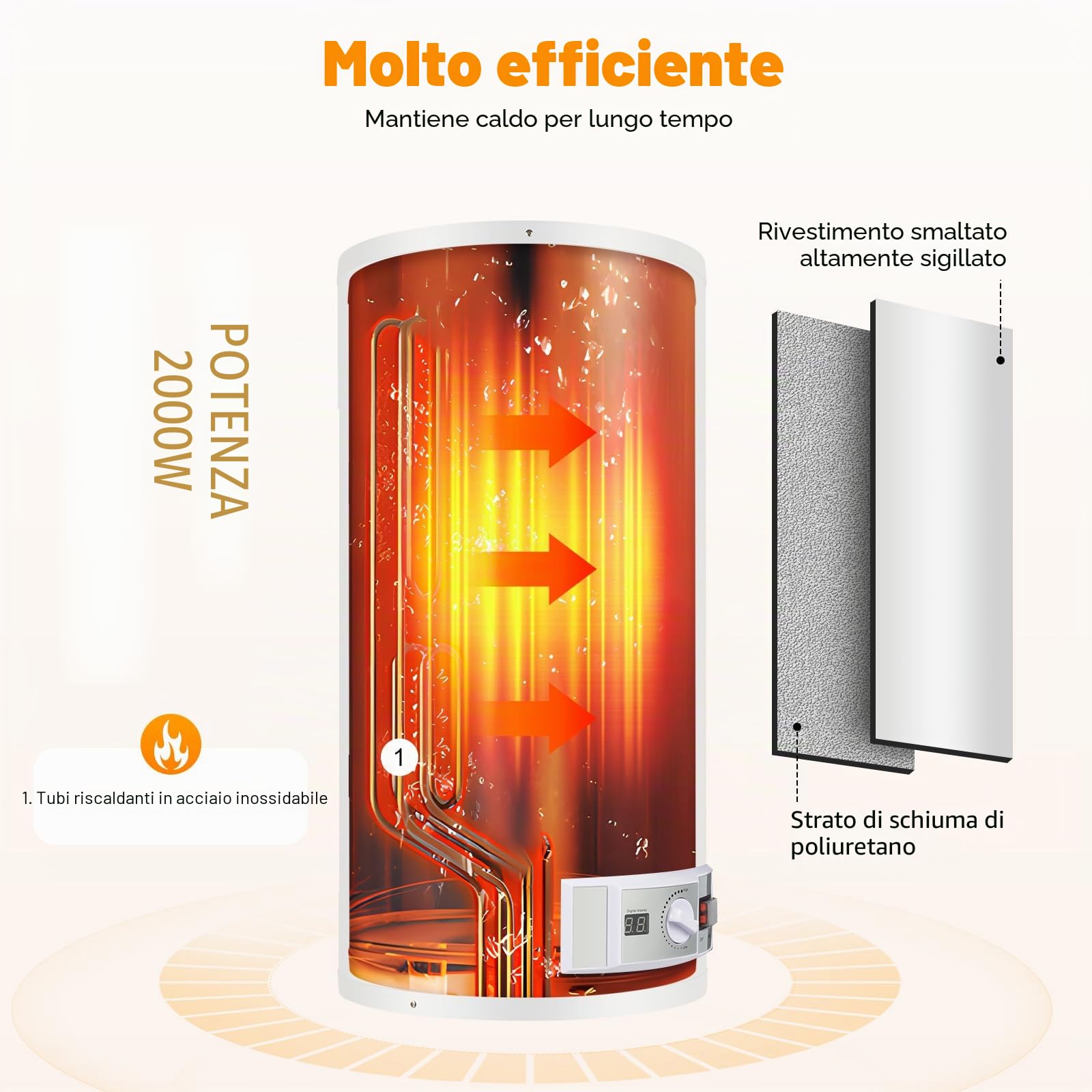Scaldabagno istantaneo da 2000 W, 50 l, 220 V, scaldabagno elettrico, con indicatore di temperatura LED, controllo della manopola, per cucina e bagno